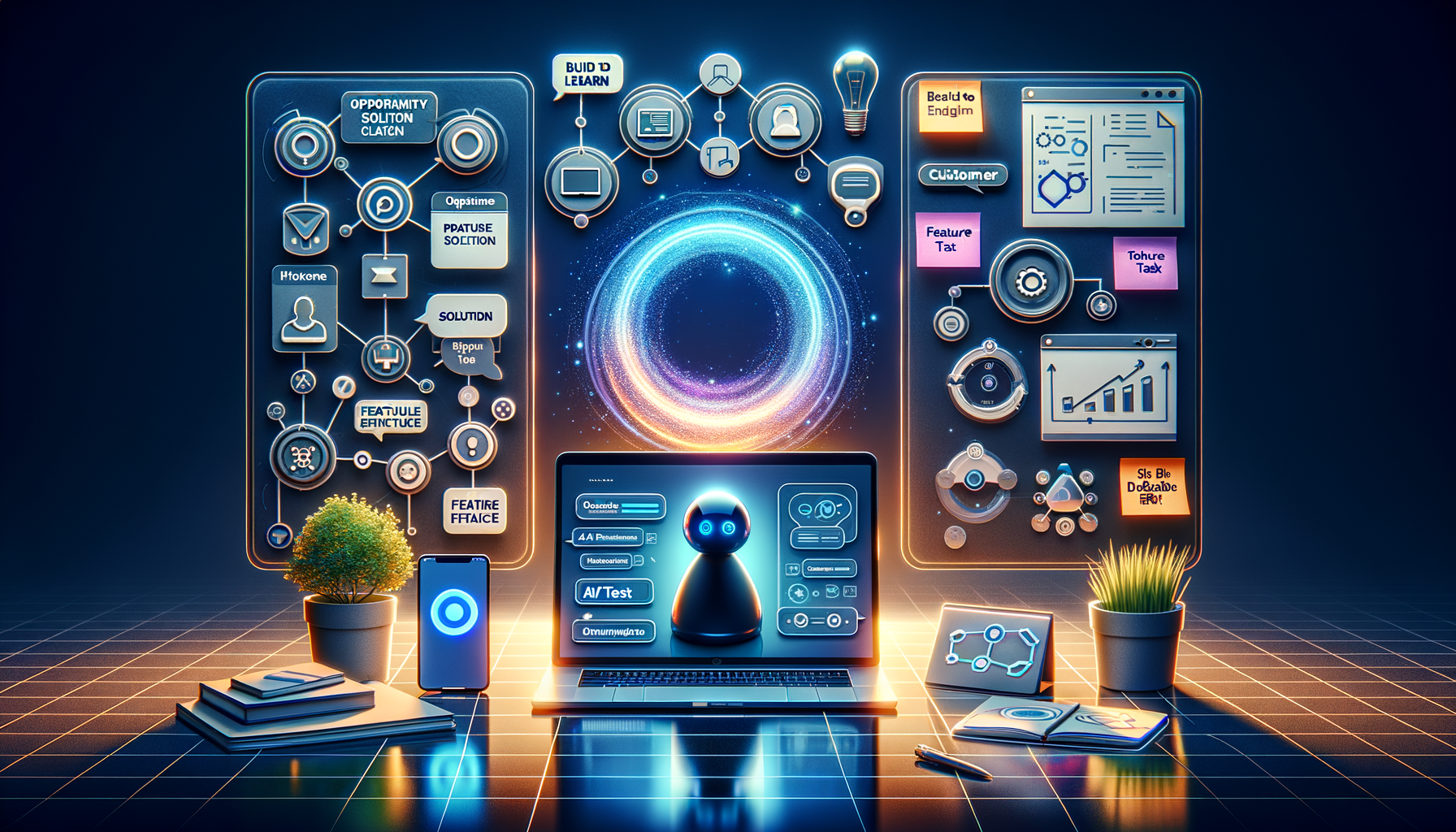 Futuristic workspace with a laptop showing an AI assistant, framed by glowing dashboards of flowcharts, feature maps, and analytics that depict end-to-end product development and machine-learning workflows.