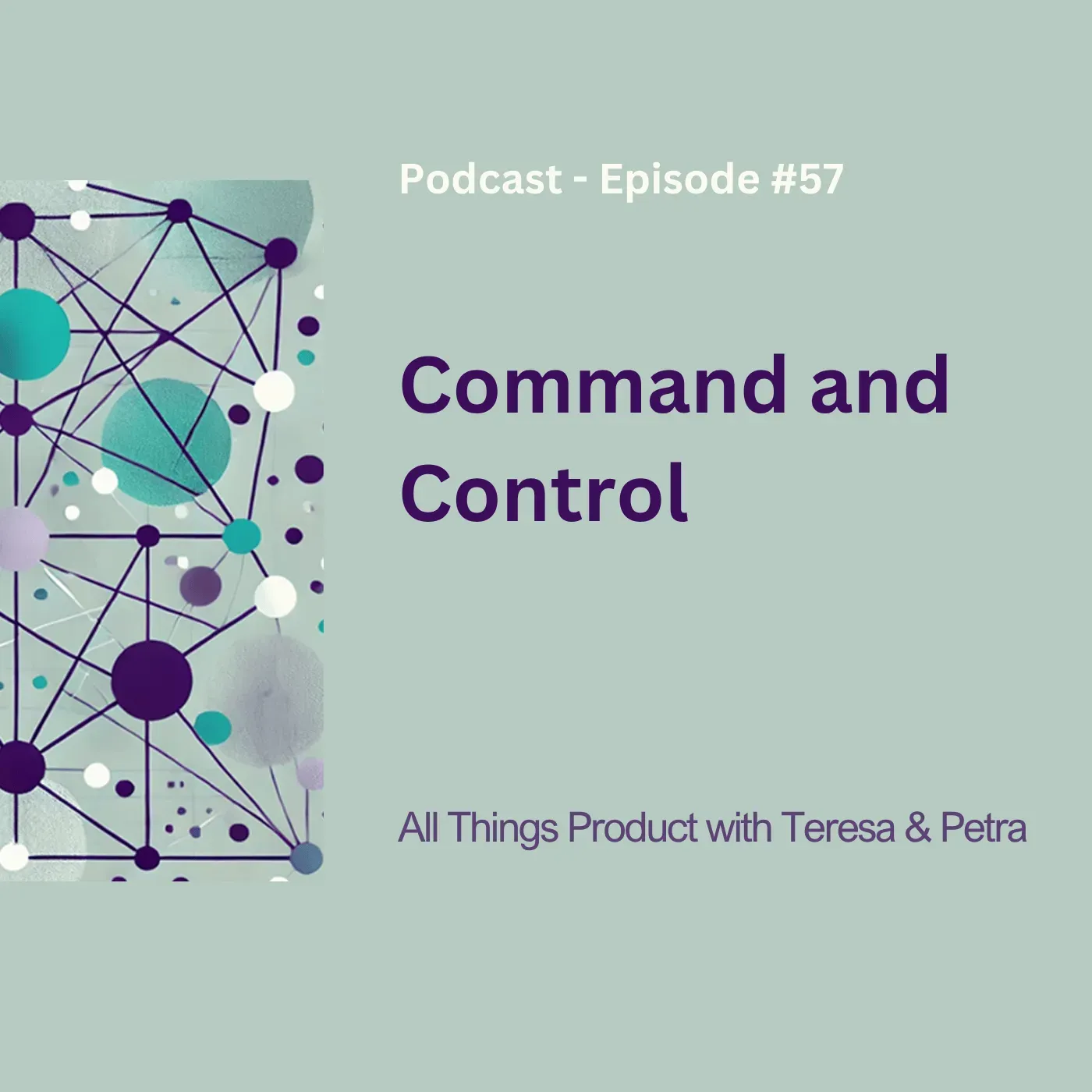 Podcast artwork for Episode 57 titled Command and Control from All Things Product with Teresa Torres & Petra Wille, featuring a mint green background and an abstract web of purple and teal nodes and lines.