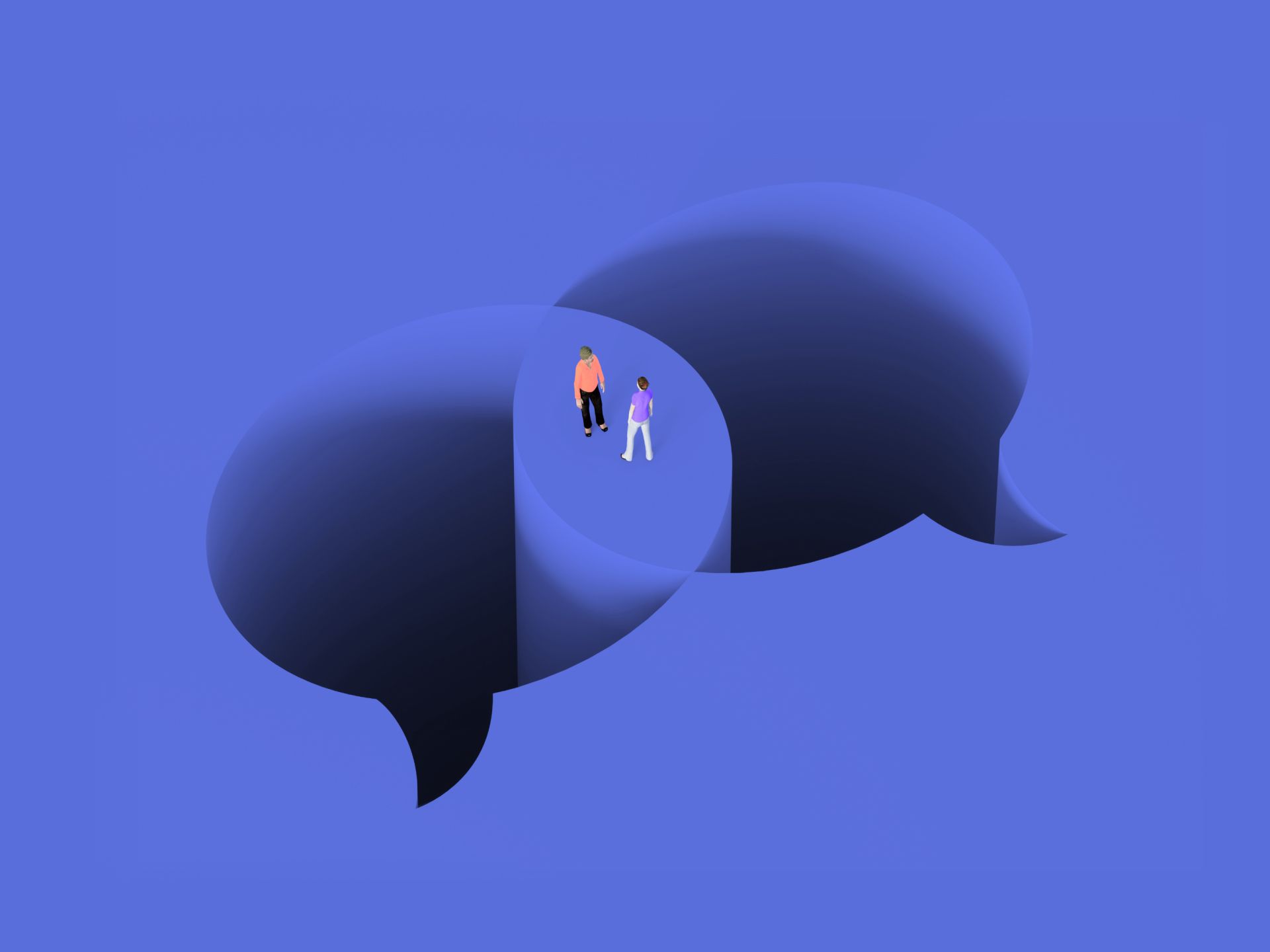Minimalist illustration of two people standing in the overlap of large 3D speech bubbles on a blue background, symbolizing conversation, connection, and scalable human‑centric customer support.