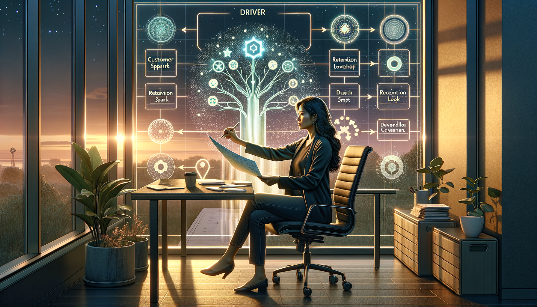 Professional woman reviews a blueprint in a glass-walled office at sunset, facing a transparent wall display showing a glowing data tree, flowchart icons, and customer retention metrics.