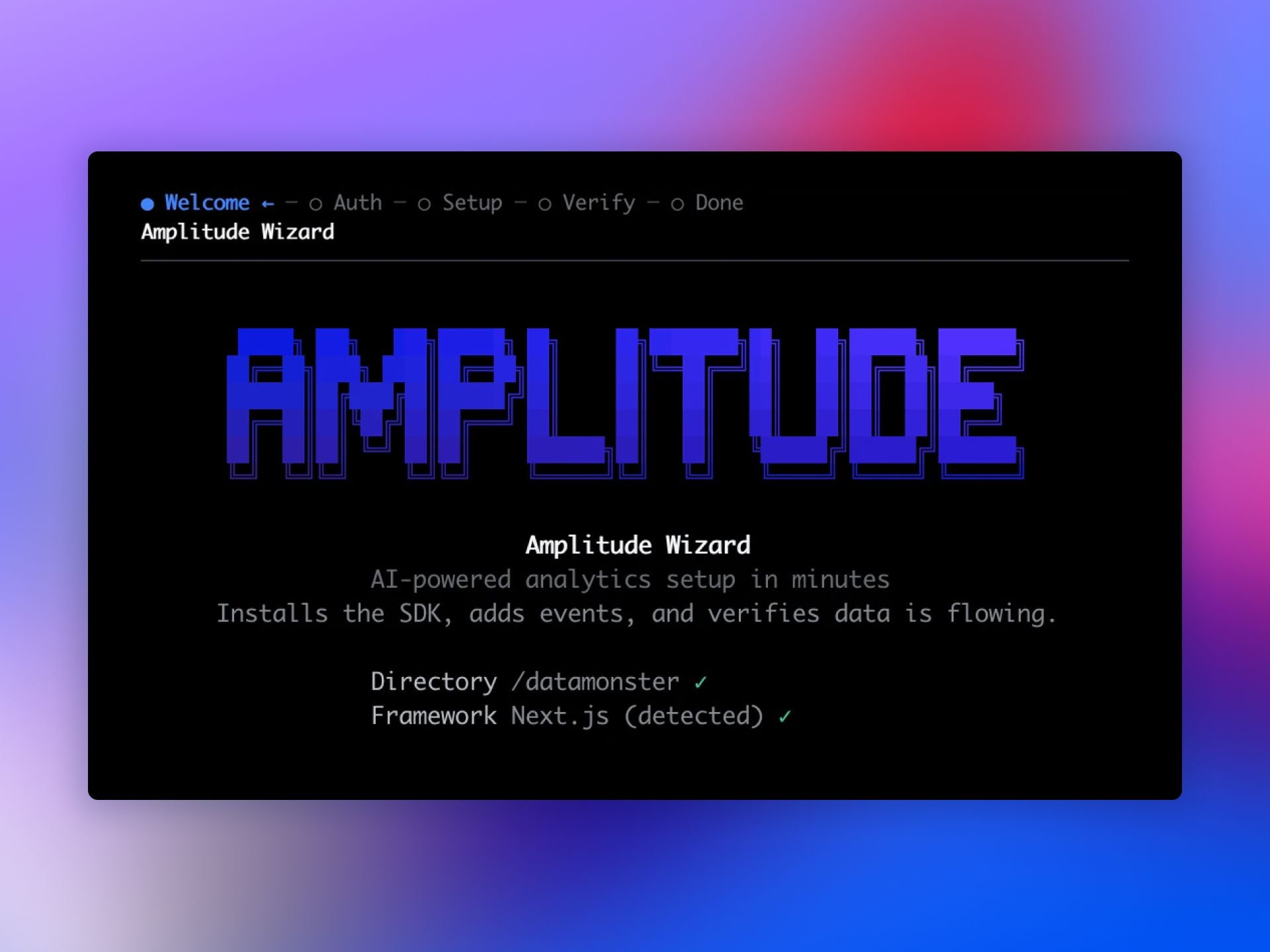 Terminal screenshot of the Amplitude Wizard CLI for AI-powered analytics setup, showing pixelated AMPLITUDE logo, steps Welcome -> Auth -> Setup -> Verify -> Done, and Next.js detection on a gradient background.