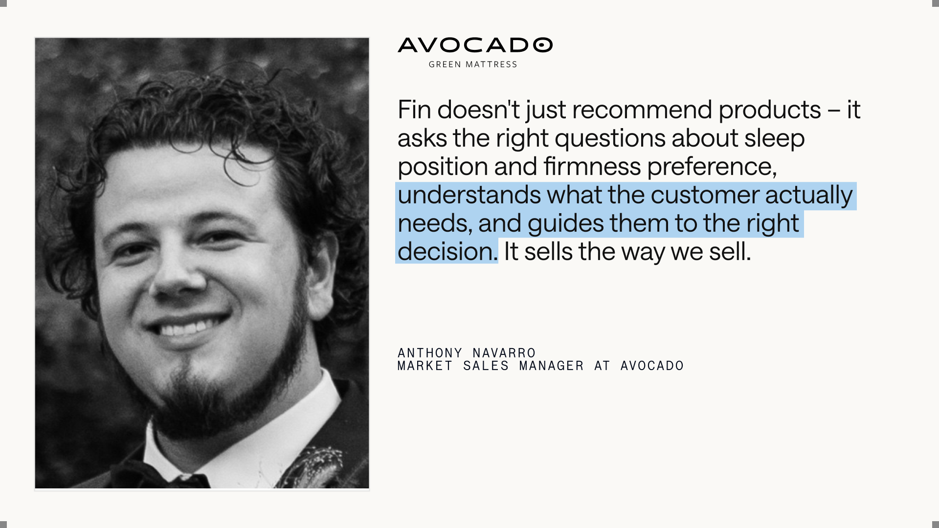 Black-and-white employee portrait beside the Avocado Green Mattress logo and a testimonial explaining that Fin asks about sleep position and firmness preferences to guide shoppers to the right mattress.