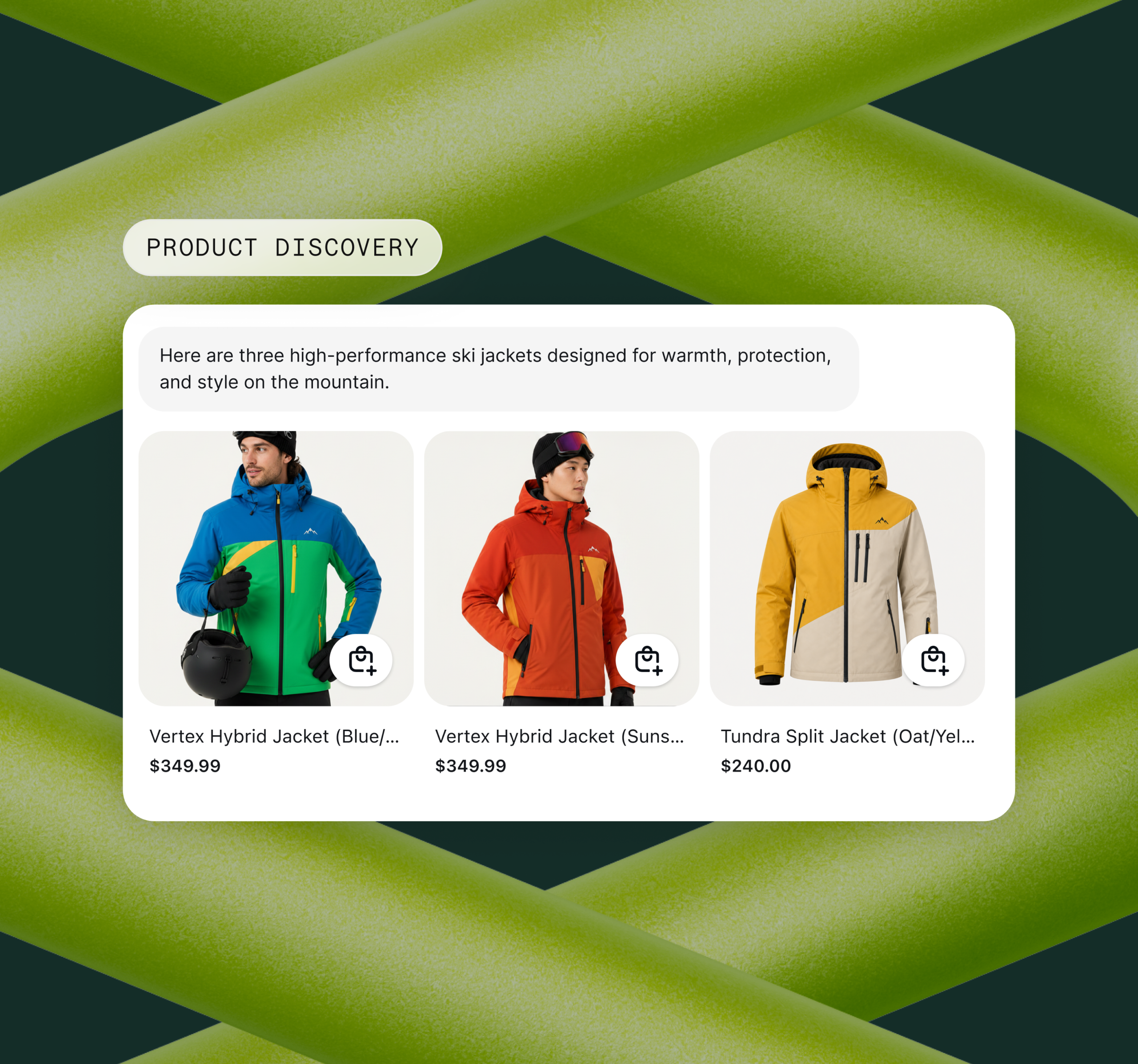 AI ecommerce UI with a Product Discovery card recommending three ski jackets—blue/green, orange, and yellow/cream—showing item names and prices on a dark green background with lime diagonal bands.
