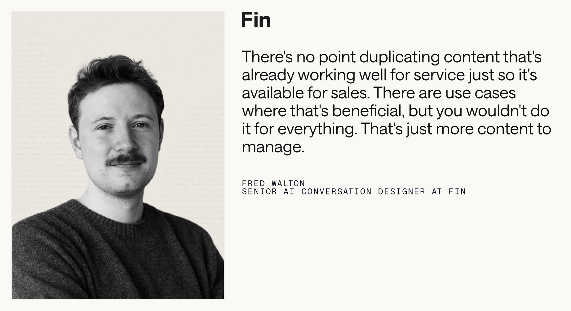 Monochrome quote graphic for Fin featuring a grayscale headshot on the left and a large quote on the right about avoiding duplicate content for sales, highlighting efficient knowledge management.