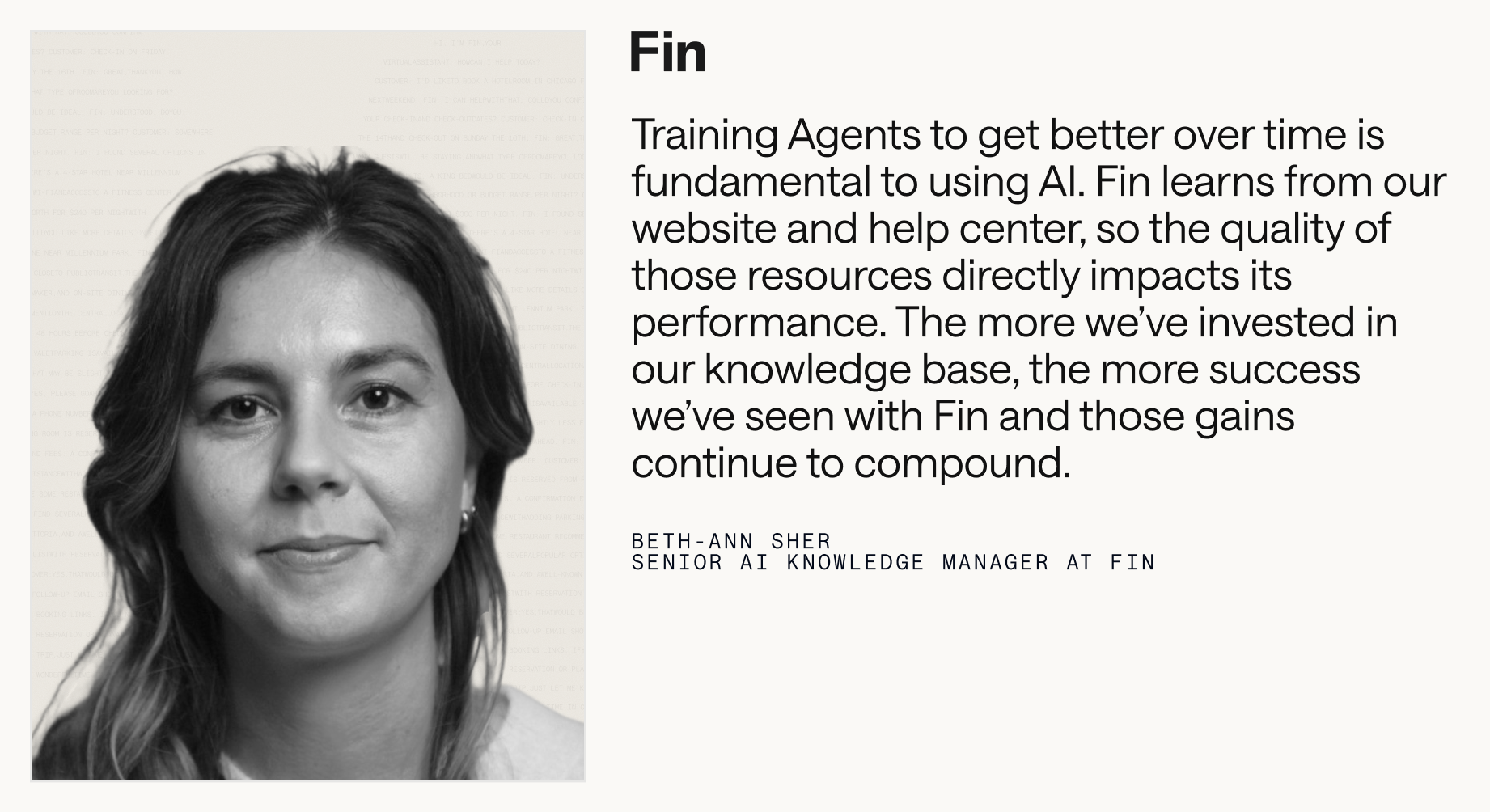 Black-and-white headshot beside a bold quote about Fin AI for sales agents, stressing ongoing training and high‑quality knowledge bases to lift performance; clean, minimalist layout.
