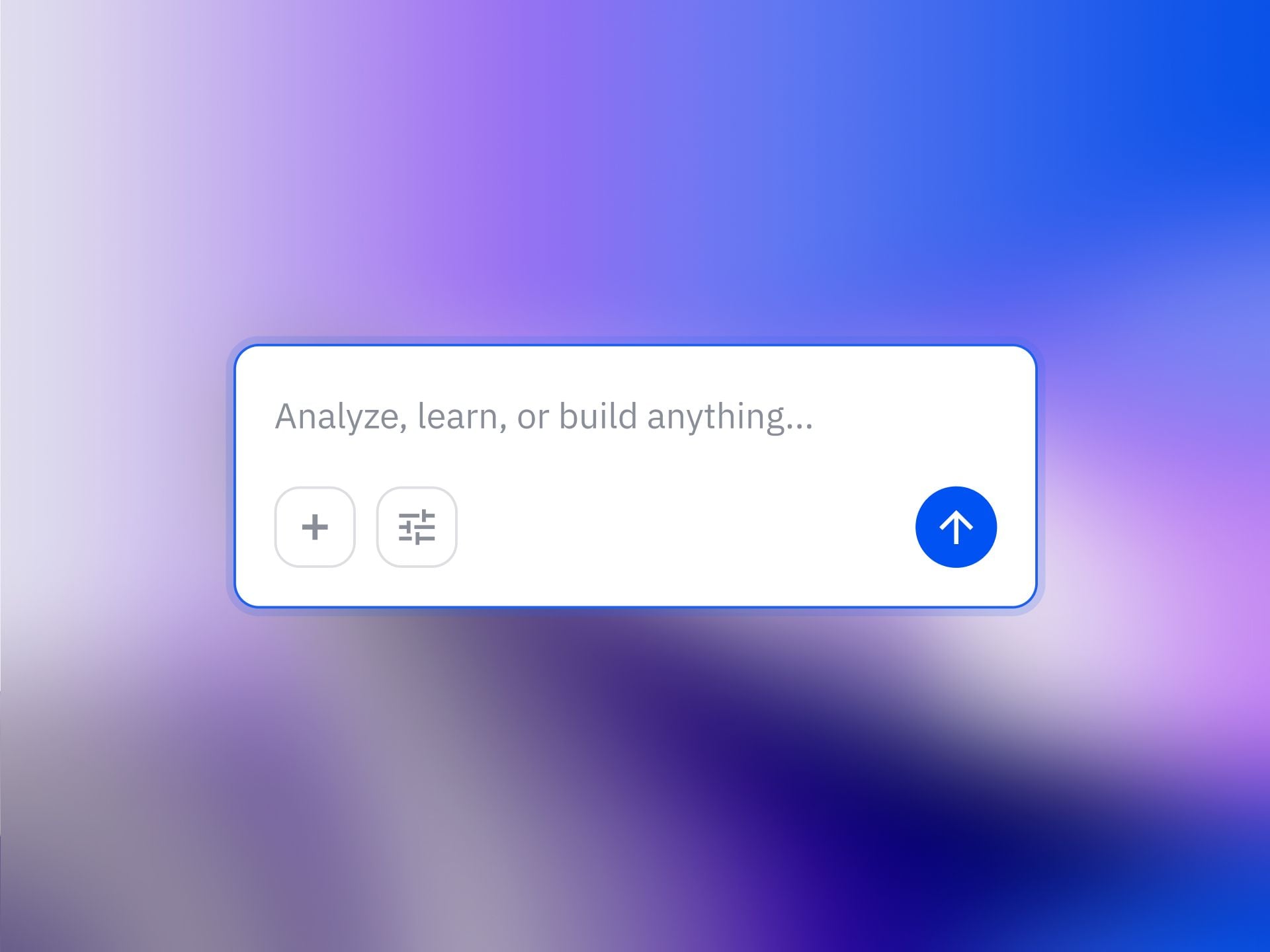 Minimal UI of the Amplitude Global Agent prompt box displaying "Analyze, learn, or build anything" on a soft purple-blue gradient background, featuring plus, filter, and send arrow icons.