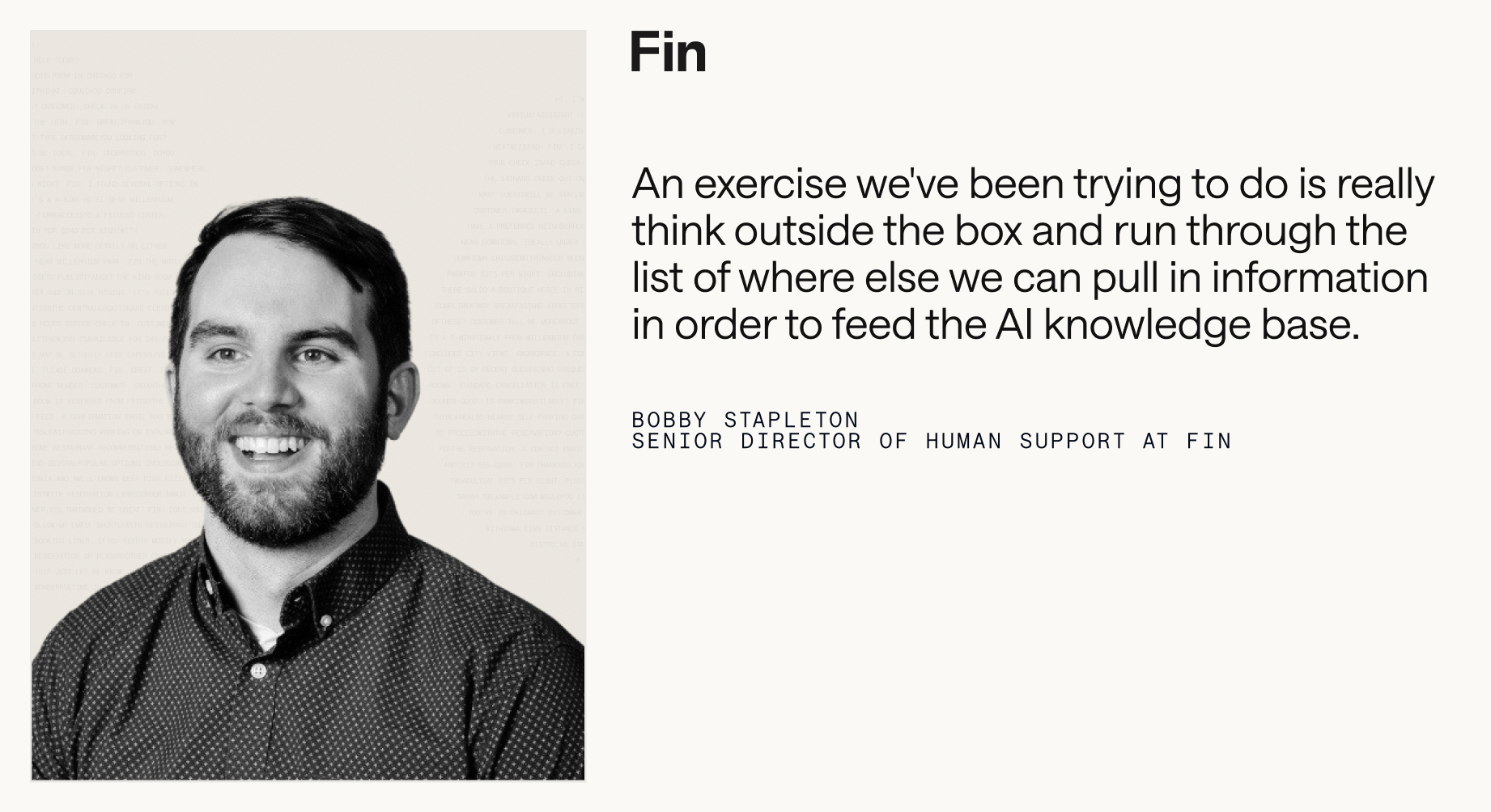 Fin-branded quote graphic showing a smiling person in a collared shirt beside large text about feeding an AI knowledge base, supporting a guide on knowledge management for service agents.