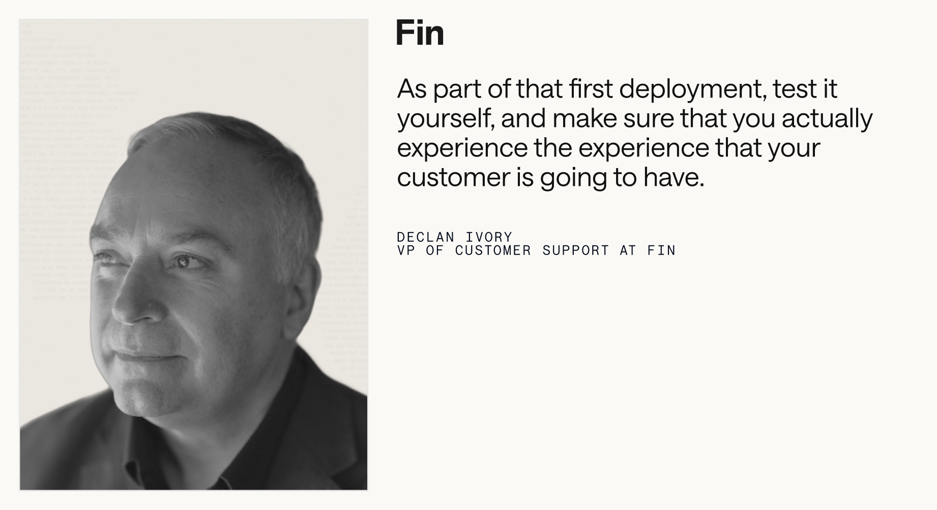 Monochrome quote graphic for Fin with a professional headshot on the left and guidance on testing first deployments to mirror the customer experience; for knowledge management and service agents.