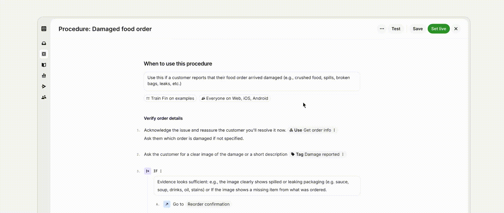 Screenshot of a customer service knowledge base page titled 'Procedure: Damaged food order', showing step-by-step guidance with verification steps, an IF rule block, tags, and Test, Save, and Set live controls in a minimalist desktop UI.