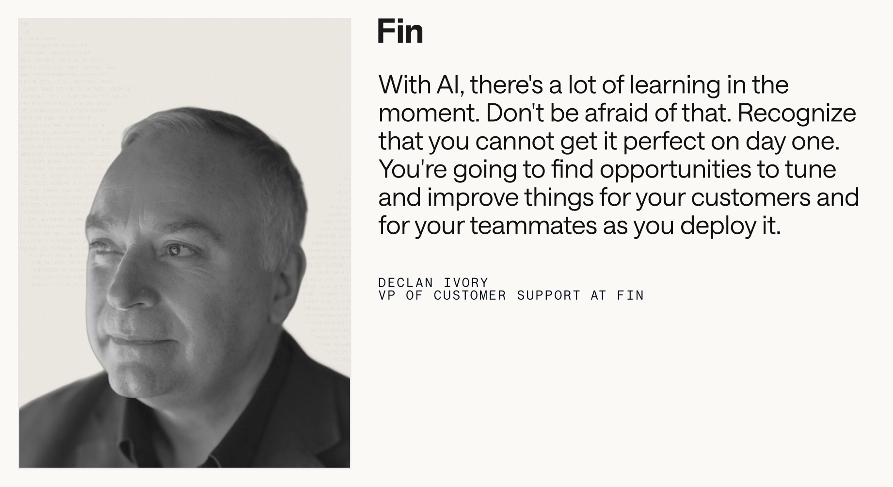 Black-and-white headshot on the left with a Fin-branded quote on the right about AI learning and improving customer support; clean, minimal graphic for knowledge management content.