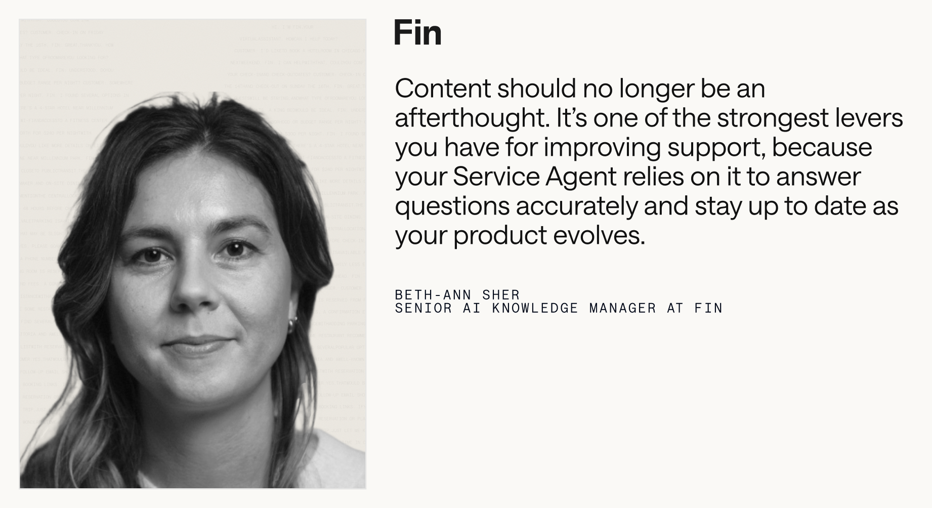 Monochrome headshot on the left with Fin branding and a large quote on the right stressing that strong content underpins accurate Service Agent answers and up-to-date support in knowledge management.