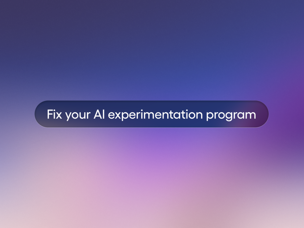 Blue-to-purple gradient graphic featuring a rounded dark pill with the headline "Fix your AI experimentation program," styled like a CTA for AI testing, evaluation, analytics, and A/B experimentation.