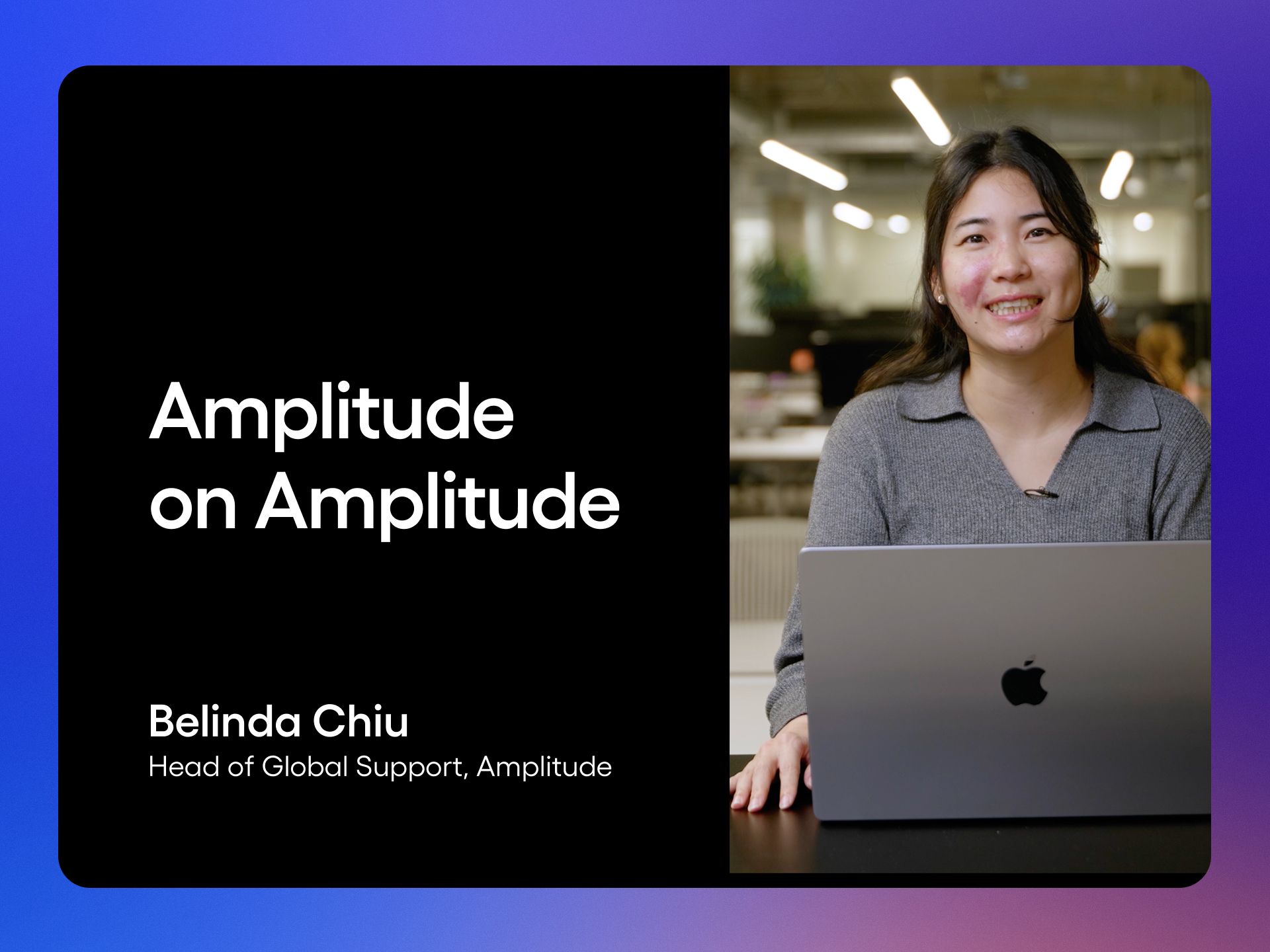 Split layout graphic: left panel reads 'Amplitude on Amplitude'; right shows a person at a laptop in a modern office, signaling a support leader talk on user help and product analytics.
