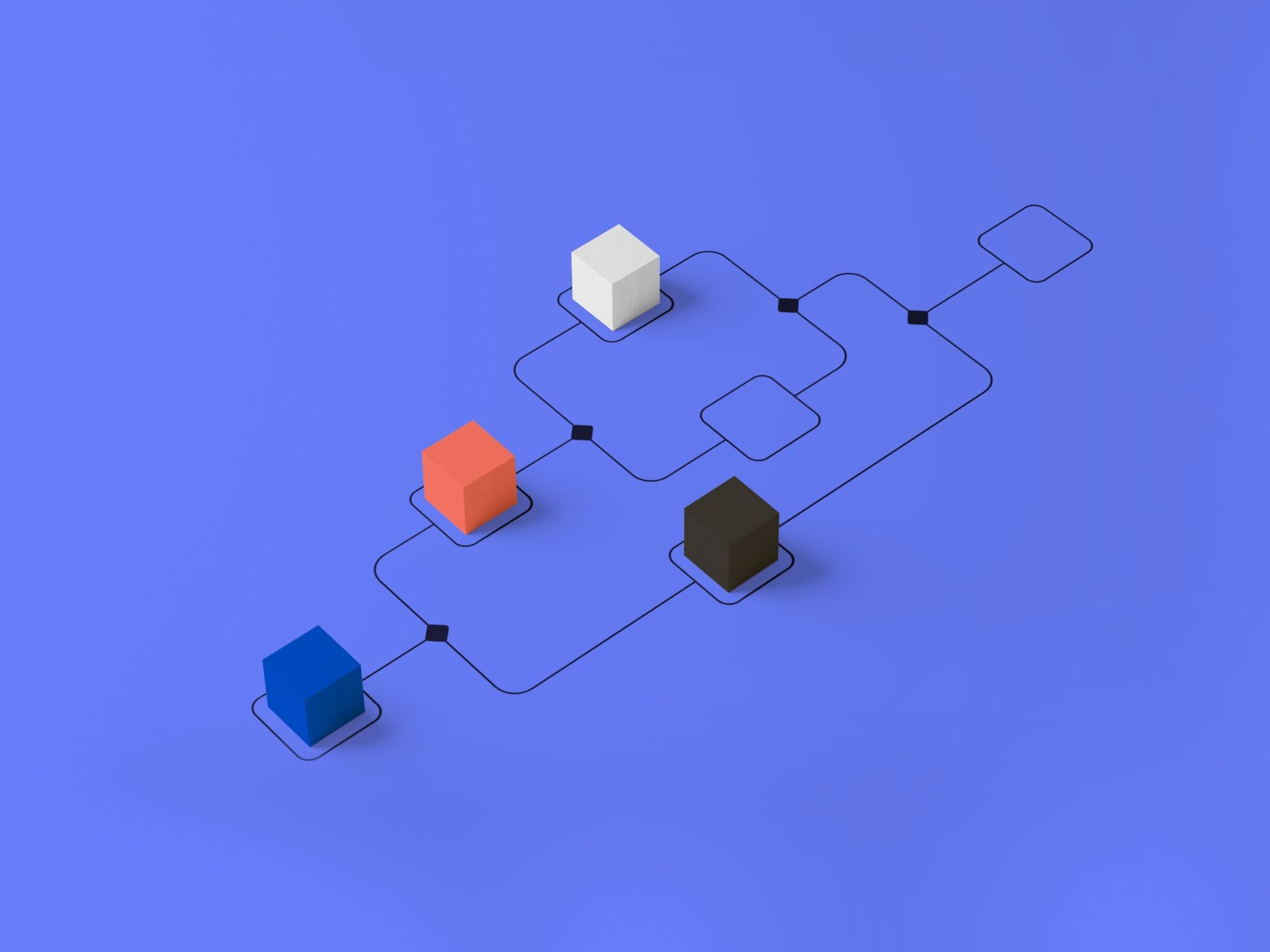 Abstract AI workflow on a cobalt-blue background, showing a winding flowchart with decision diamonds and four colored cubes (blue, orange, white, black) marking stages in an algorithmic reasoning process.