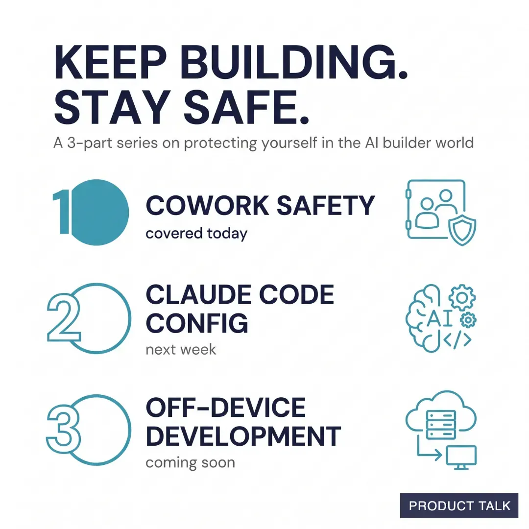 Infographic titled 'Keep Building. Stay Safe.' outlining a 3-part series for AI builders: 1 Cowork Safety, 2 Claude Code Config, 3 Off-Device Development, with teal security, AI, and cloud icons and a 'Product Talk' label.