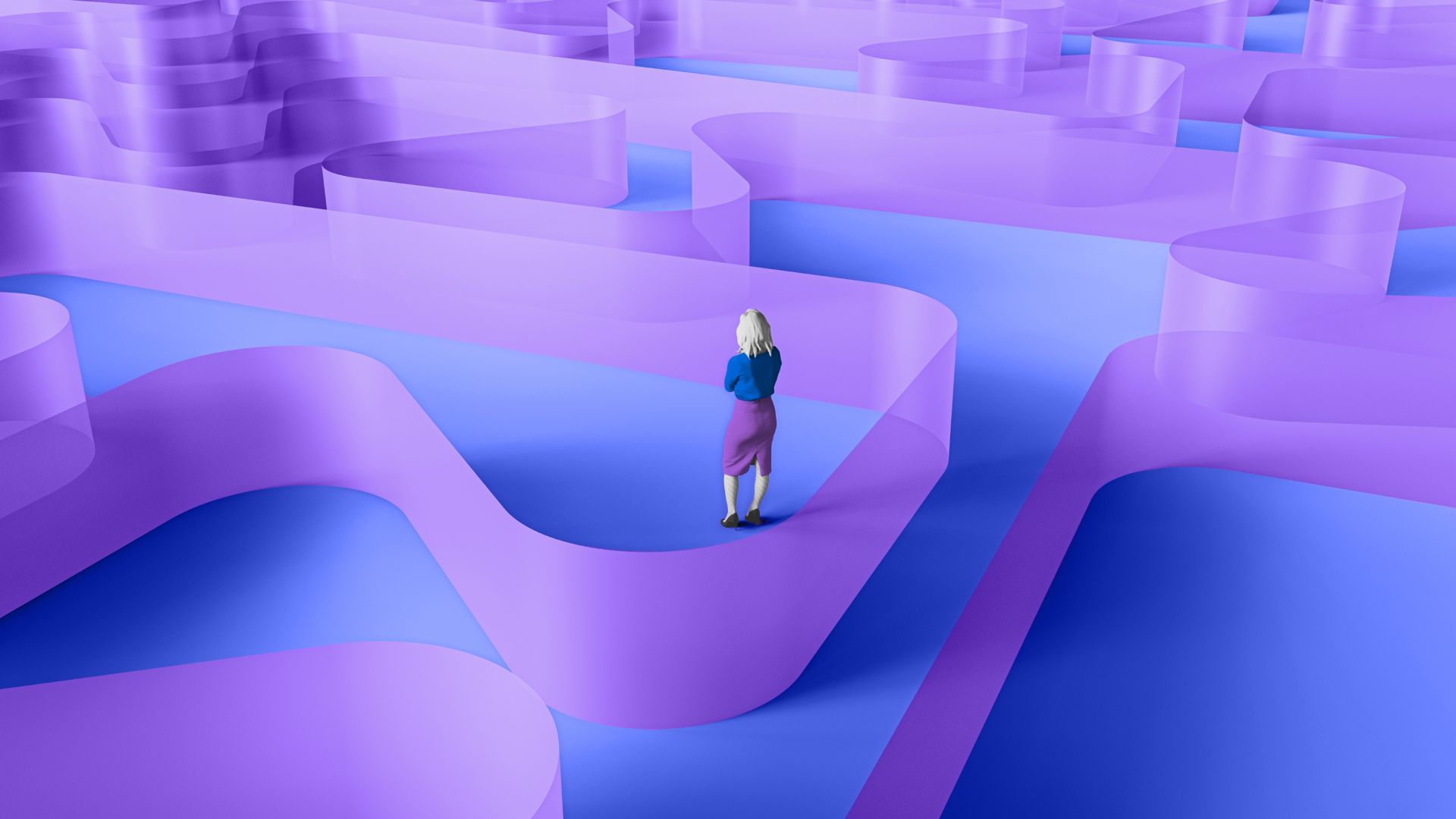3D illustration of a lone person in a purple, translucent-walled maze over a blue surface, representing the complex paths, decisions, and setup steps involved in adopting AI agents.