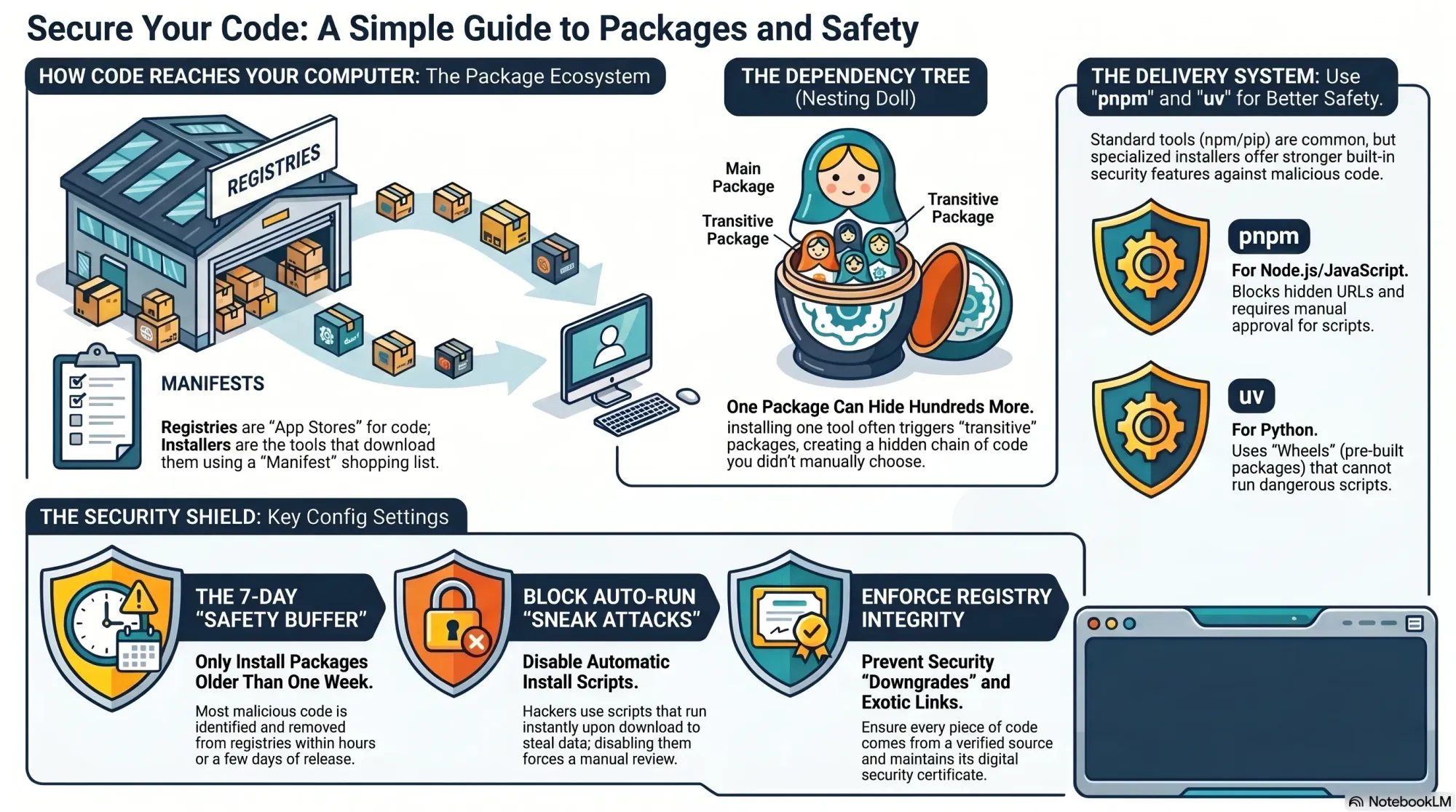 Infographic on securing software packages: registries and manifests, nesting-doll dependency tree, advice to use pnpm and uv, plus settings like a 7-day buffer, disable auto-run scripts, and enforce registry integrity.