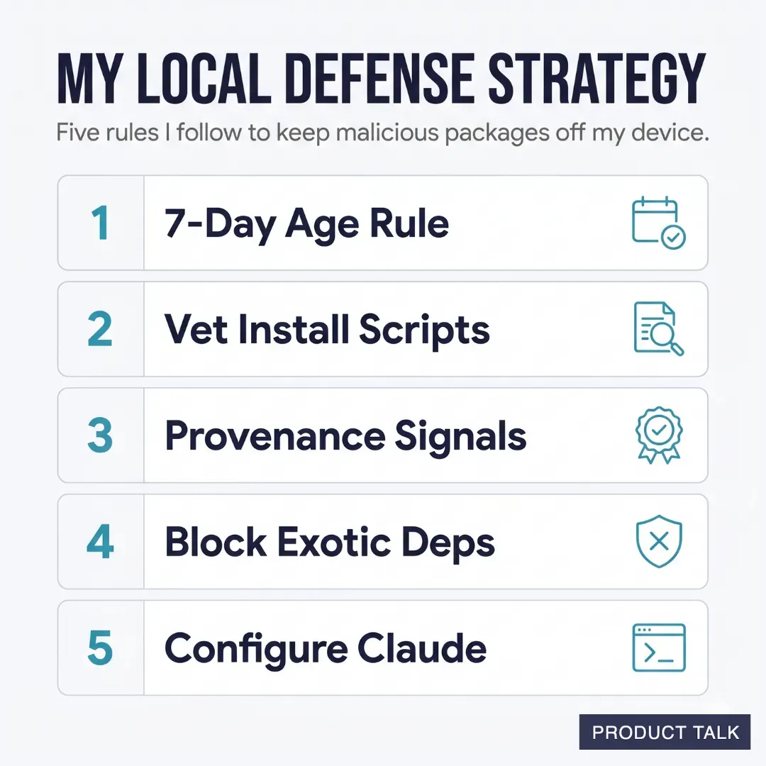 Infographic titled My Local Defense Strategy showing five rules to block malicious software packages: 7-Day Age Rule, Vet Install Scripts, Provenance Signals, Block Exotic Deps, and Configure Claude.