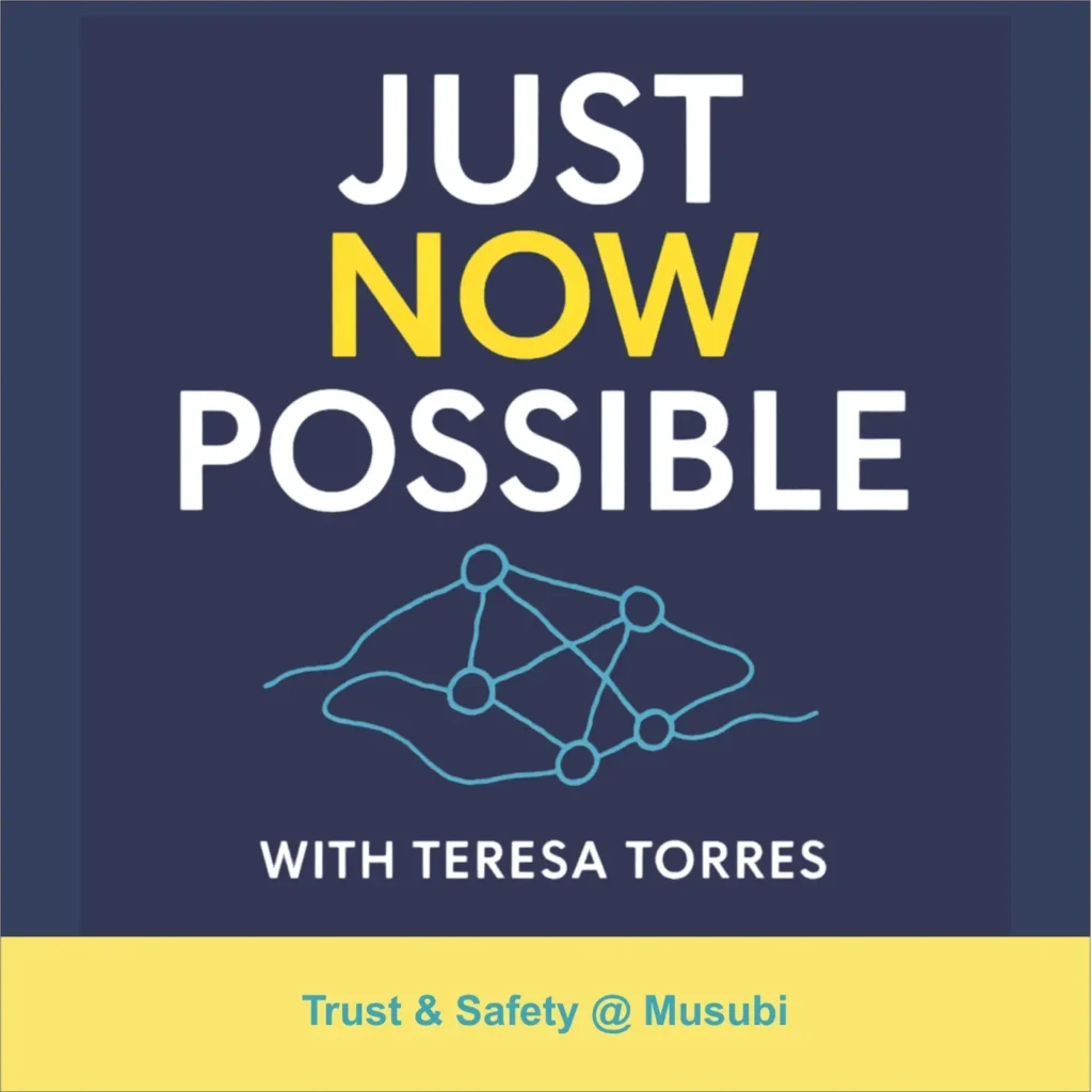 Dark blue podcast-style graphic reading 'Just Now Possible' with a teal network diagram and yellow band saying 'Trust & Safety @ Musubi', promoting AI trust and safety insights.