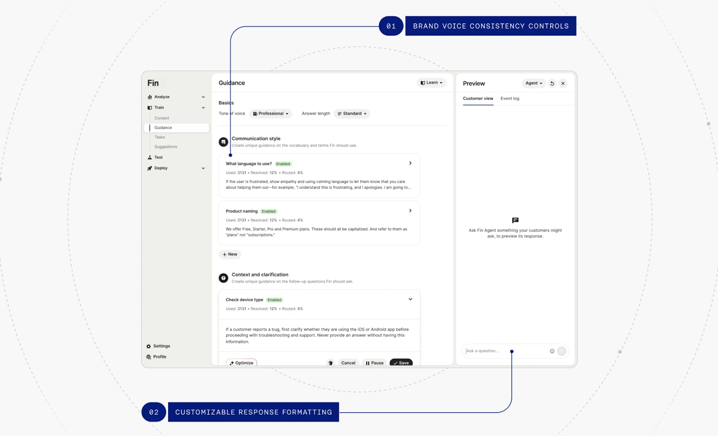Screenshot of an AI agent conversation design dashboard showing guidance for tone of voice, communication style, product naming, and a live preview, with callouts highlighting brand voice controls and response formatting.