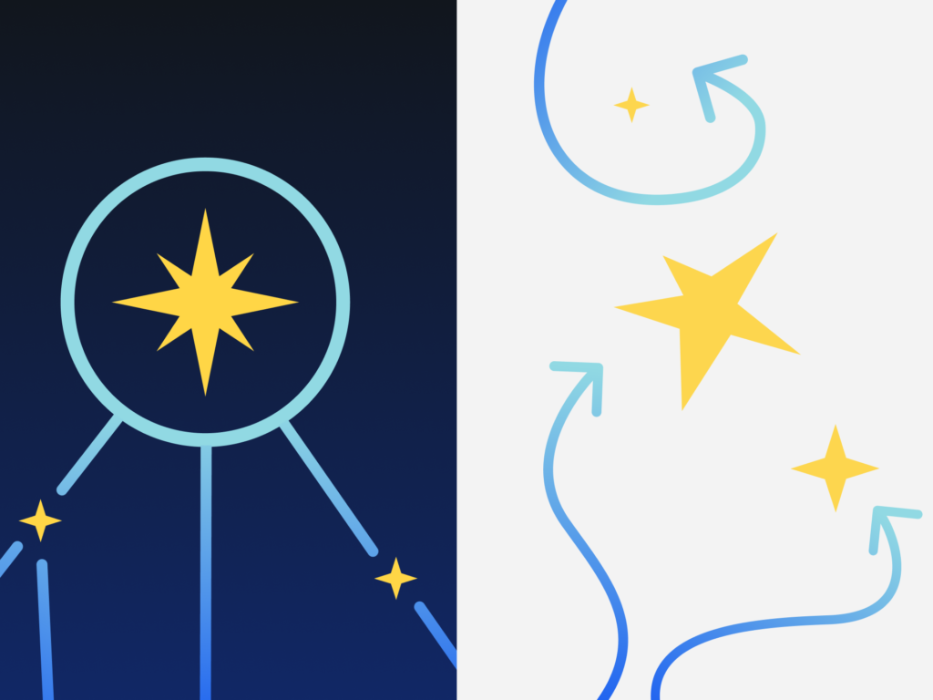 Split navy and white illustration with yellow stars, blue gradient arrows, and a circular star marker.