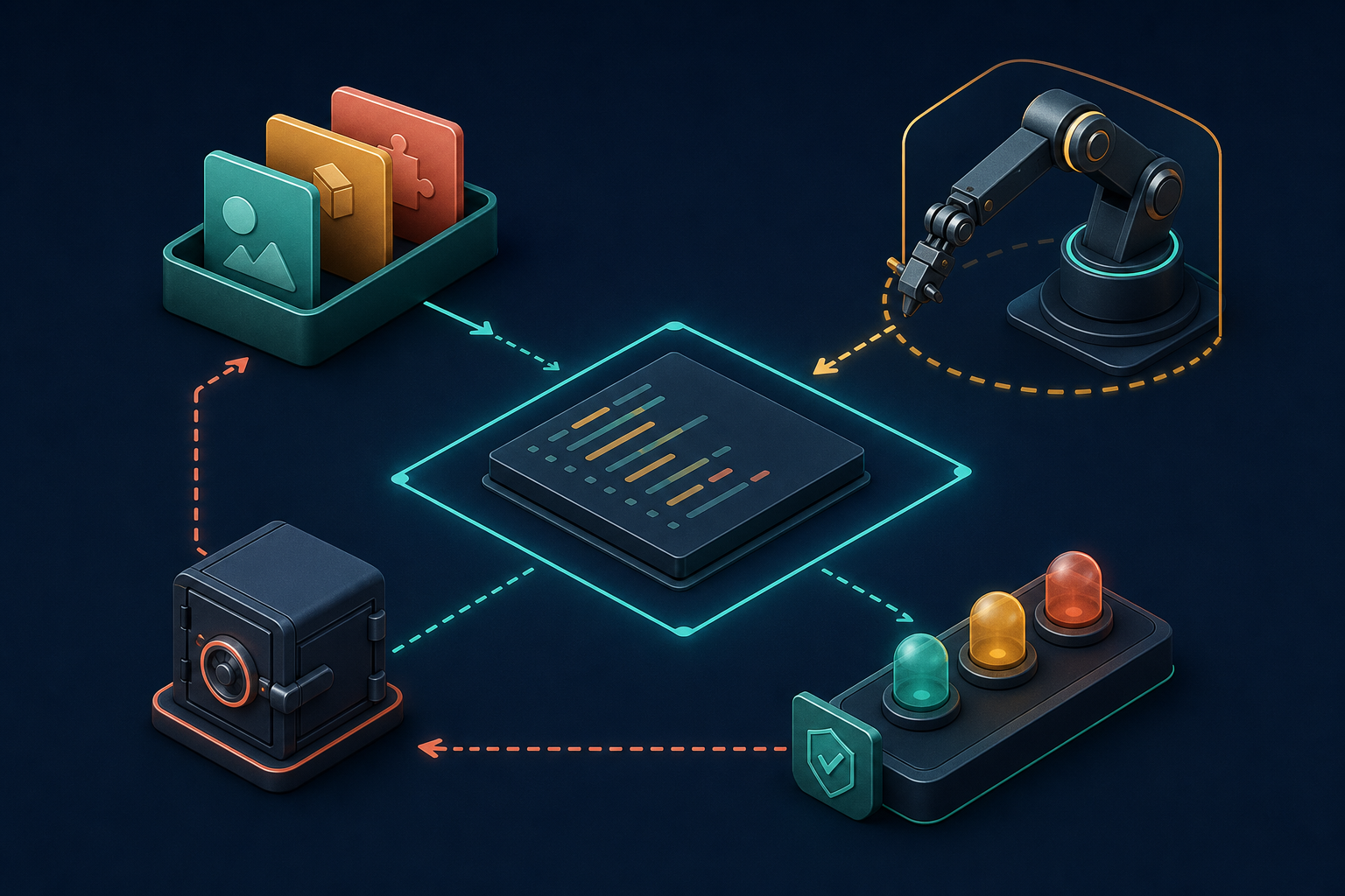 Isometric illustration of a code module surrounded by four controls for boundaries, selected context, limited agent access, and verification with rollback.