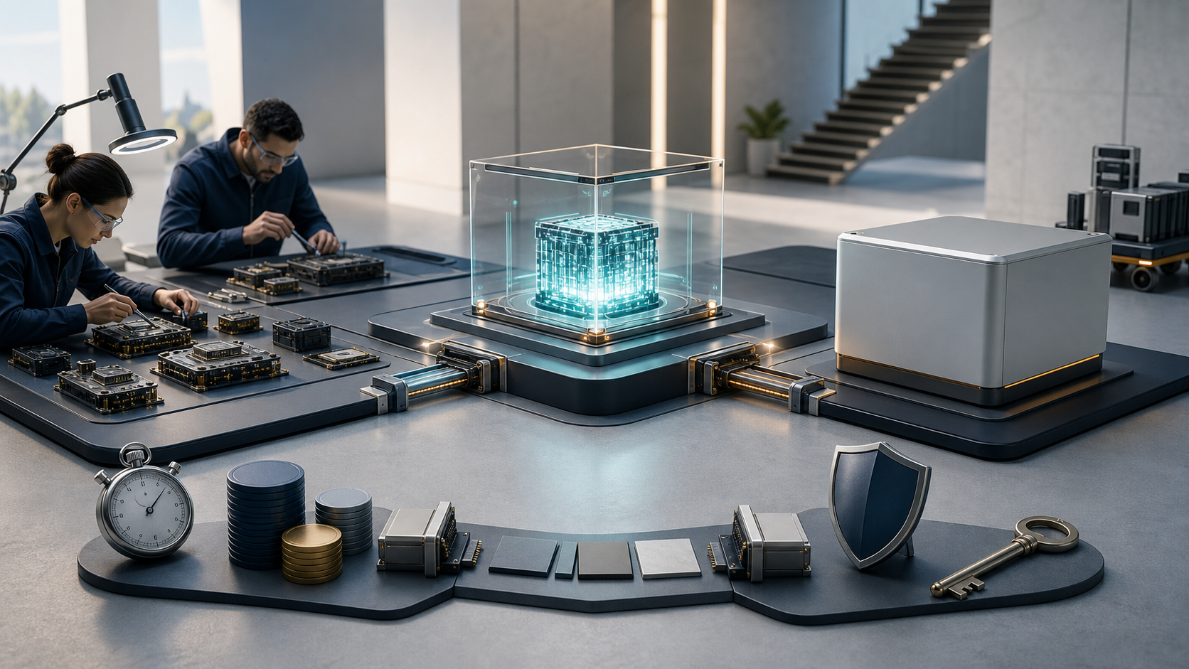 A modular AI system connects a custom-built assembly and a ready-made vendor module to the same central product platform through detachable interfaces.