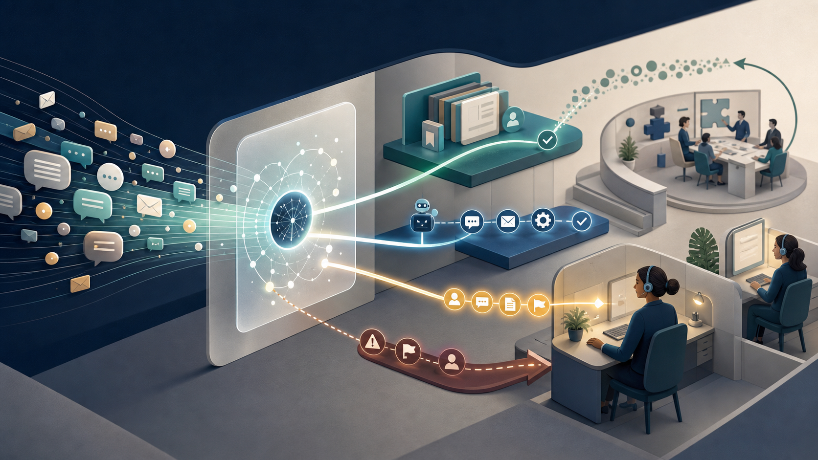 Editorial illustration of customer conversations moving through an AI orchestration hub to knowledge resources, automated service paths, and human support agents, with a continuous context-rich handoff and a feedback loop to product teams.