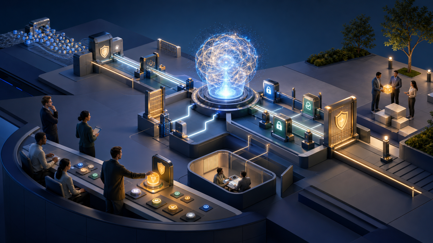 An abstract AI workflow surrounded by structured rails, permission gates, monitoring signals, and human review, with completed tasks reaching workers at the end of the system.