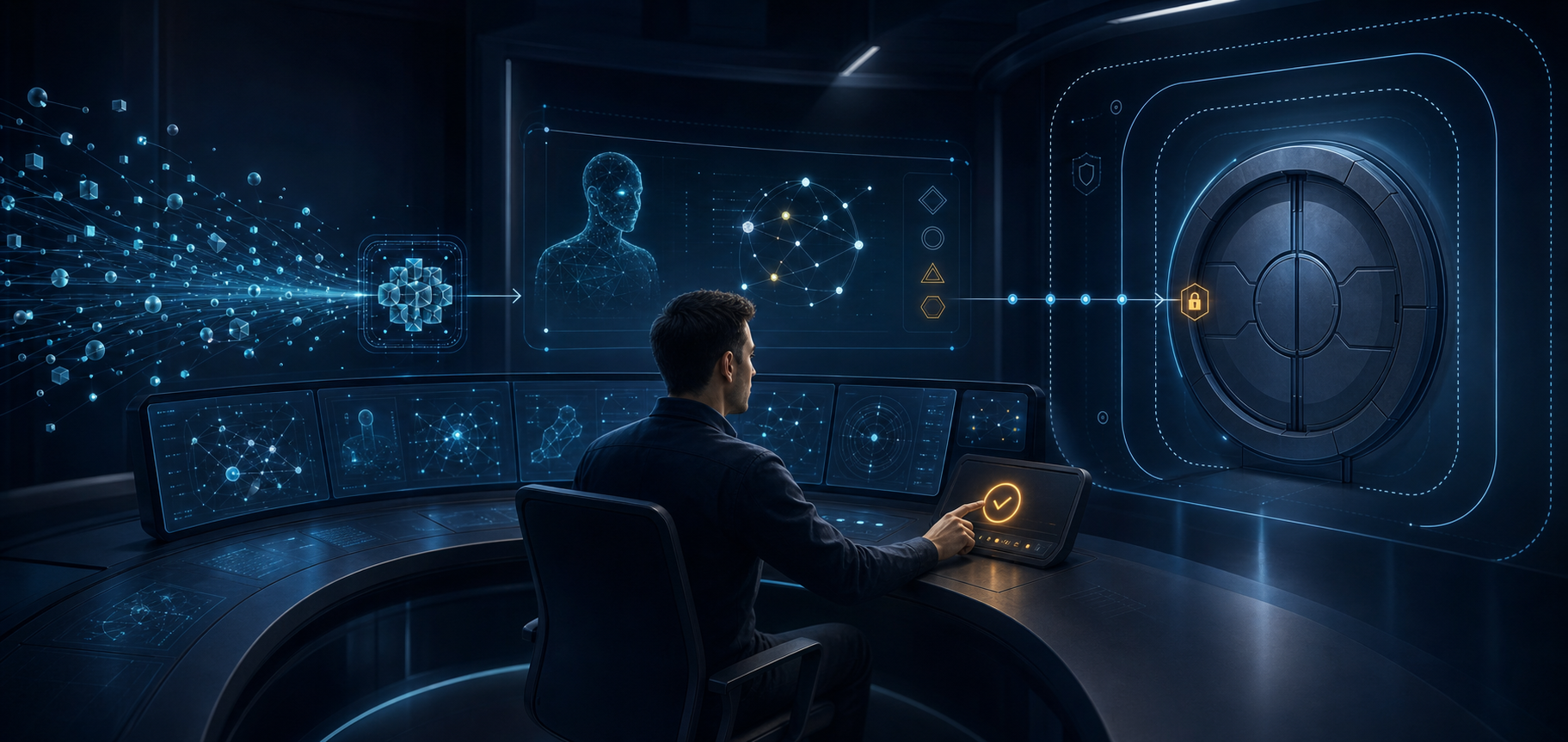 A security analyst reviews abstract incident evidence while a translucent AI assistant highlights connections and a gated containment control awaits human approval.