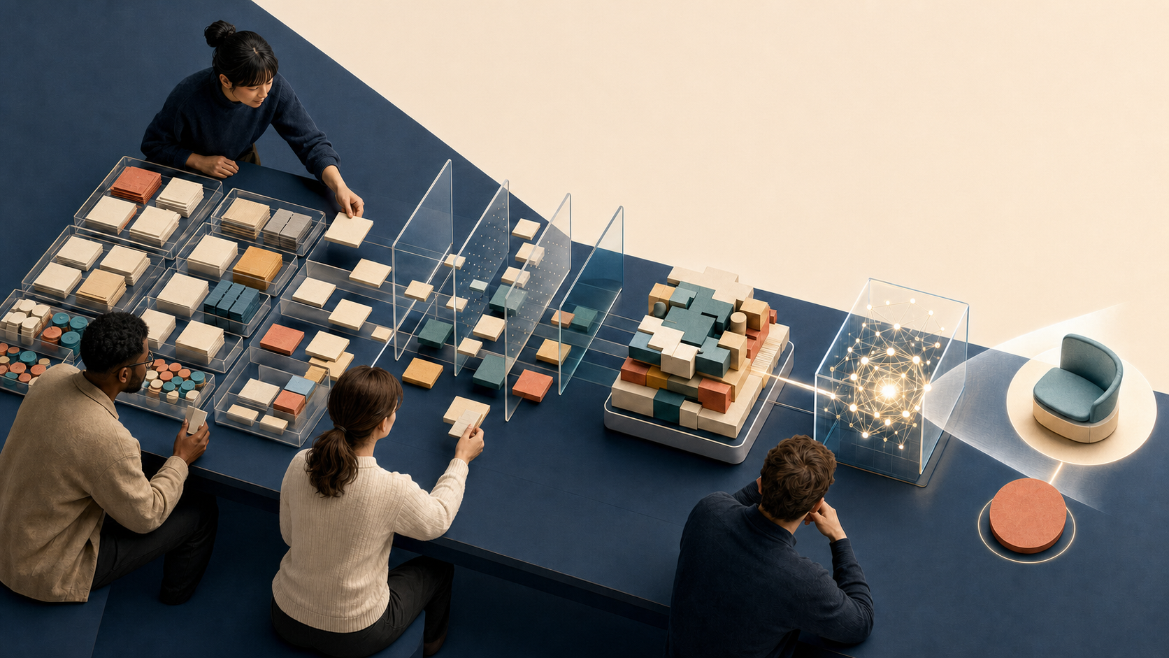 An overhead editorial illustration of a product team organizing scattered research materials through transparent filters into a compact stack that feeds an abstract AI core and product prototype.
