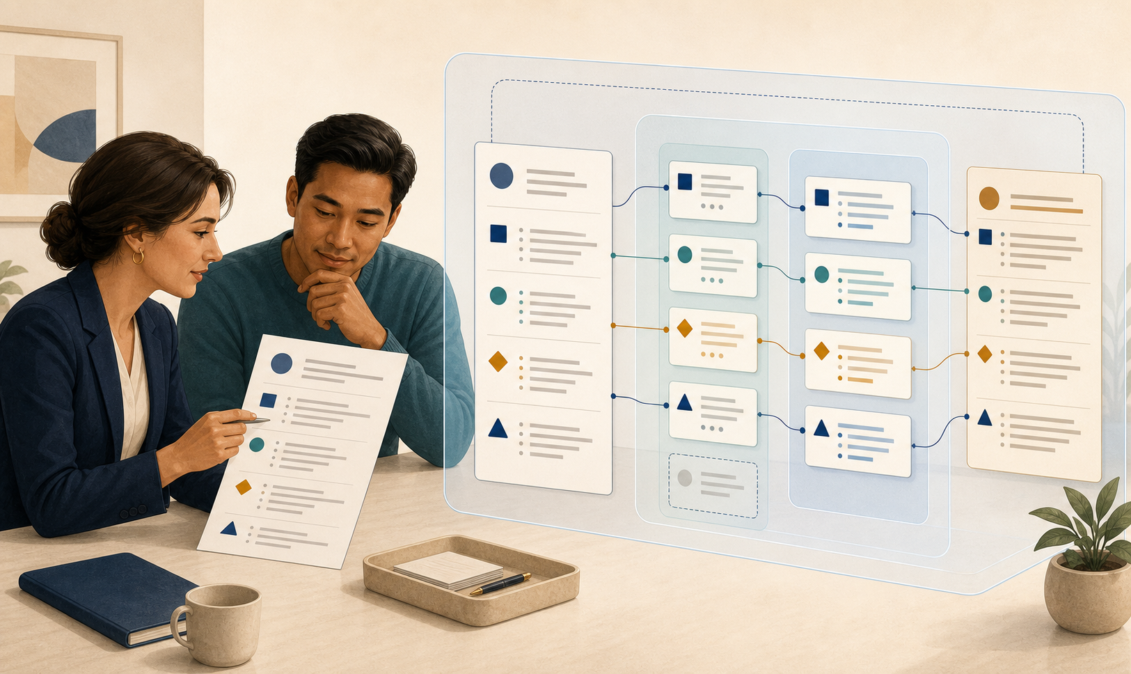 A candidate and career coach review an abstract resume beside a transparent three-layer AI system whose suggestions are connected to resume and job evidence markers.
