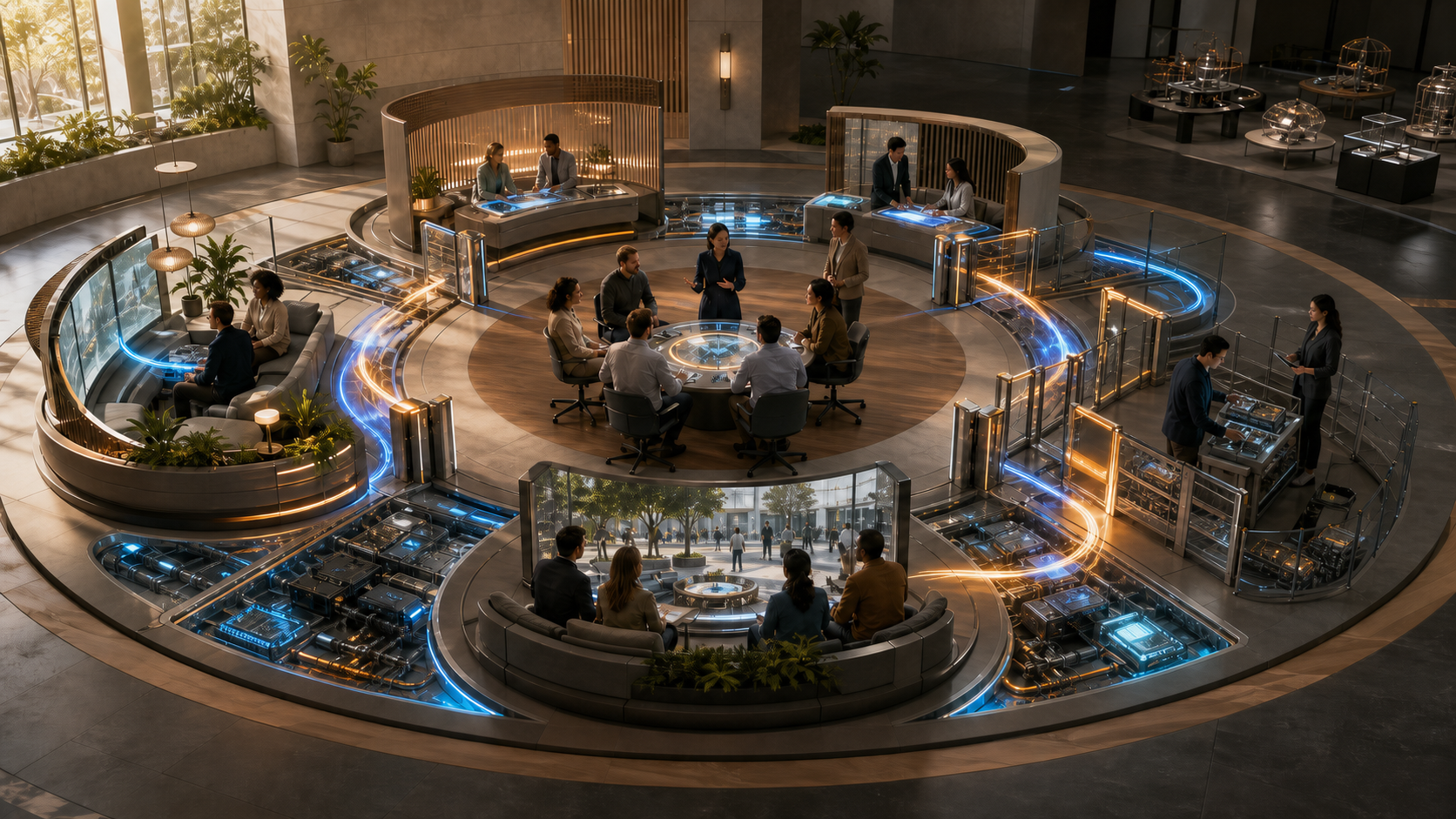 A cross-functional team works around a circular operational system connecting customer signals, trusted context, supervised decisions, guarded actions, and feedback, while disconnected prototypes sit at the edge of the room.