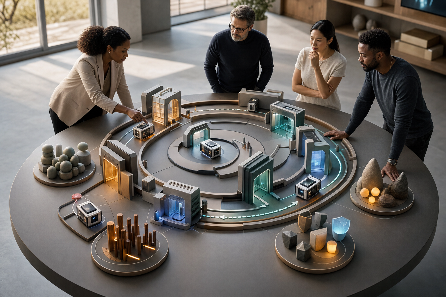 Product leaders gather around a circular table where modular AI projects move through testing, review, production, adjustment, and stopping stages in a connected operating loop.