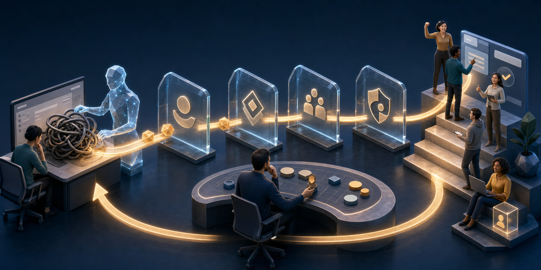 Editorial illustration of a customer support interaction flowing through transparent governance gates toward customers successfully completing a product workflow, while an analyst reviews the chain.