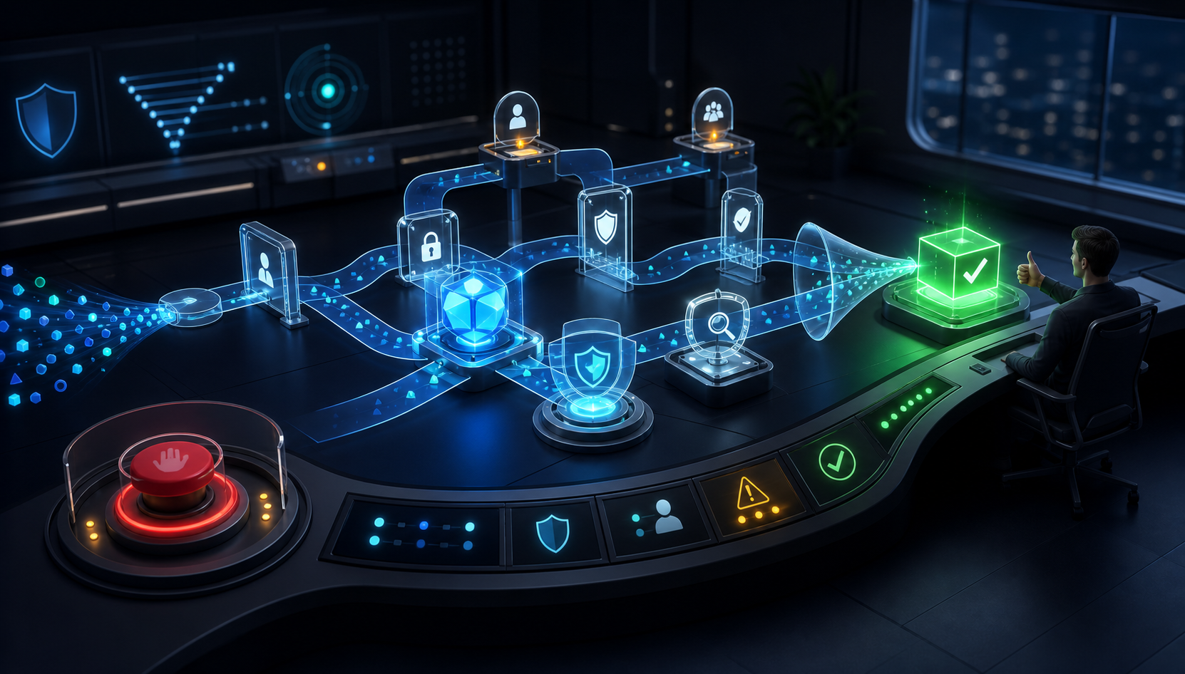 An abstract AI agent moves through a monitored workflow with permission gates, safety barriers, approval checkpoints, telemetry signals, and a stop control while a product operator observes the completed task.