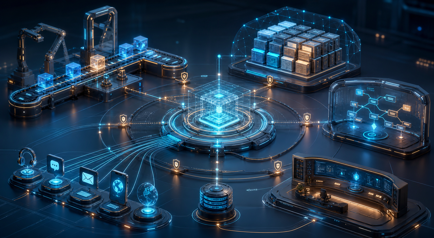 A modular AI operations hub connects product releases, a knowledge library, conversation testing, human oversight, and customer service channels in a continuous feedback loop.