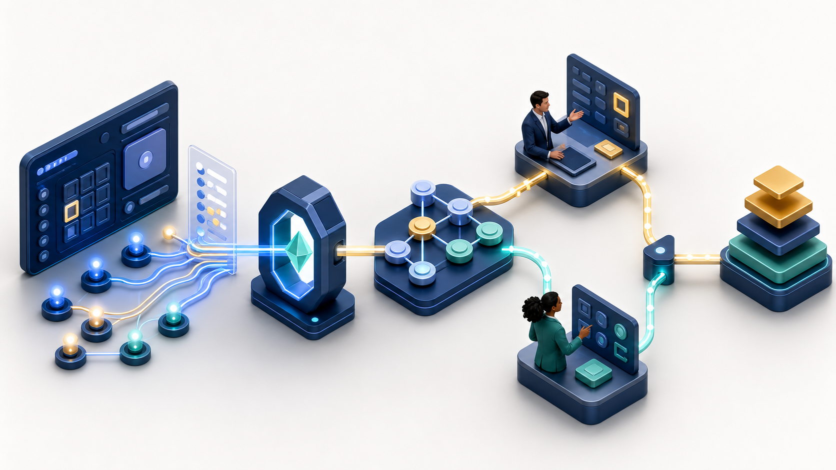 Isometric illustration of product usage signals moving through value and account milestones to coordinated sales actions and stacked revenue tokens.