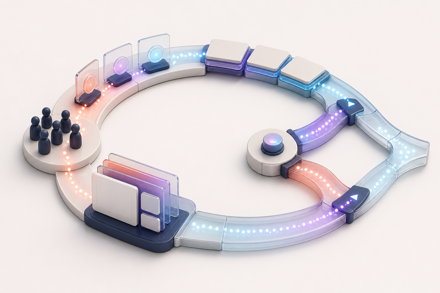 A circular 3D pathway connects user figures, content tiles, an experiment junction, and layered product interface panels with glowing particles moving through the loop.