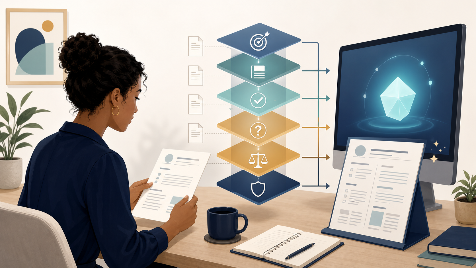 A job seeker reviews a resume beside an abstract AI assistant, with organized visual layers of evidence, questions, privacy, fairness, and human review between them.