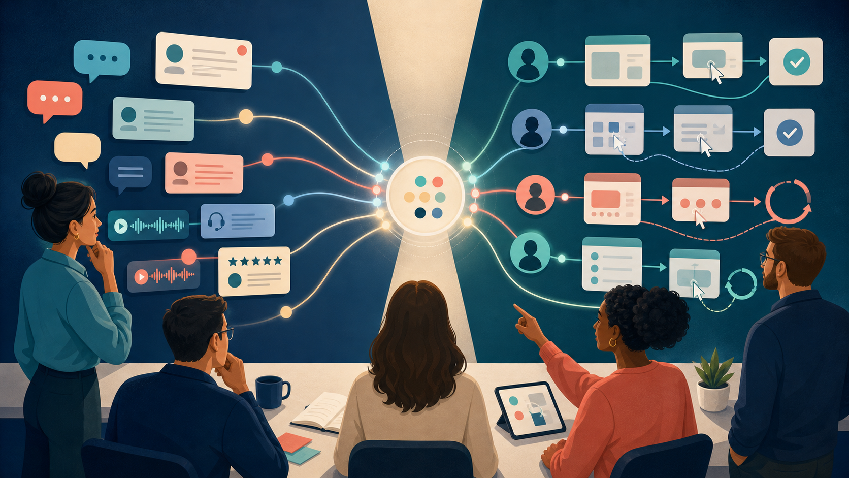Editorial illustration of a product team linking customer feedback symbols to user journey and behavior signals at a central decision point.