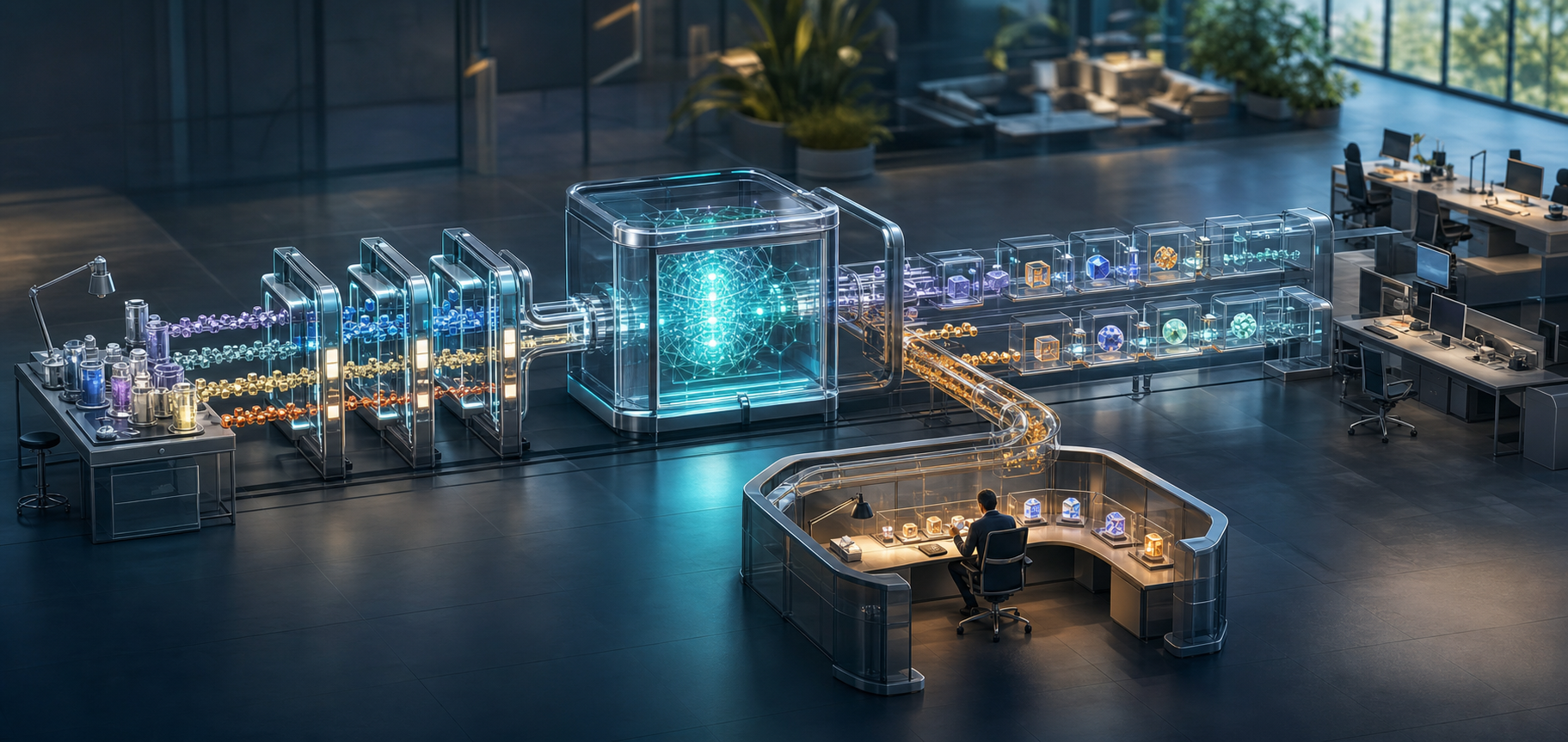A modular AI pipeline carries data through validation gates and a transparent processing core, with evidence links beside each output and uncertain cases diverted to a human review station.