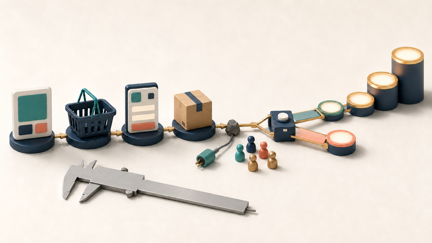 Editorial illustration of an ecommerce journey on a workbench, surrounded by a measuring caliper, customer-path obstacle, loose sensor, visitor tokens, and two test pathways leading to illuminated steps.