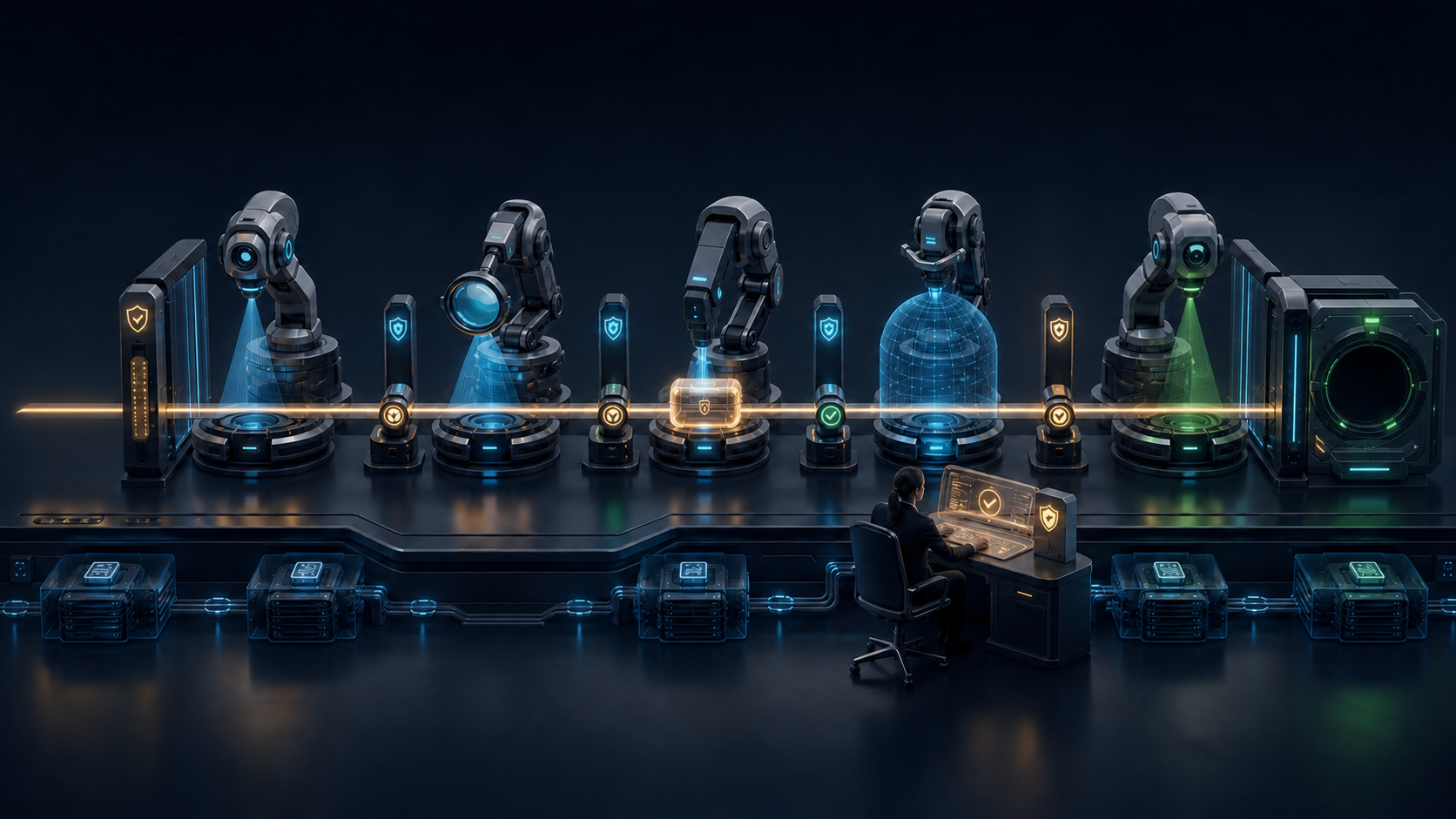 A secure case capsule moves through specialized automated workstations and a human approval checkpoint toward a verified completion signal in a financial operations center.