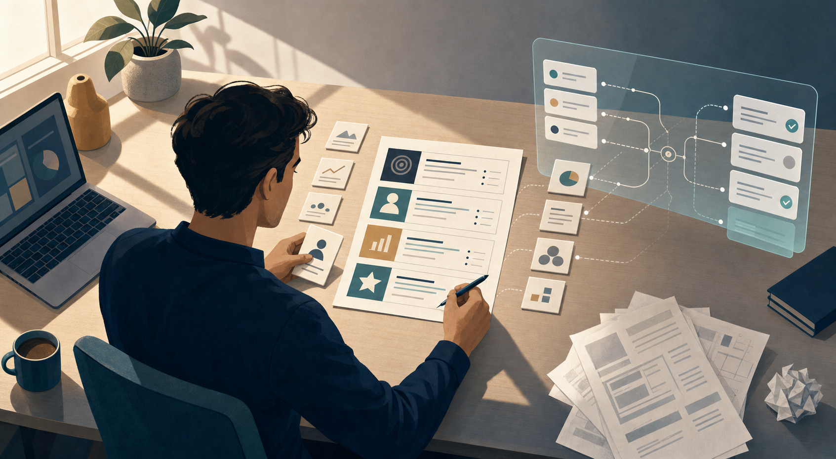 A job candidate arranges evidence cards into a four-part document while a translucent AI interface helps sort and compare the material.