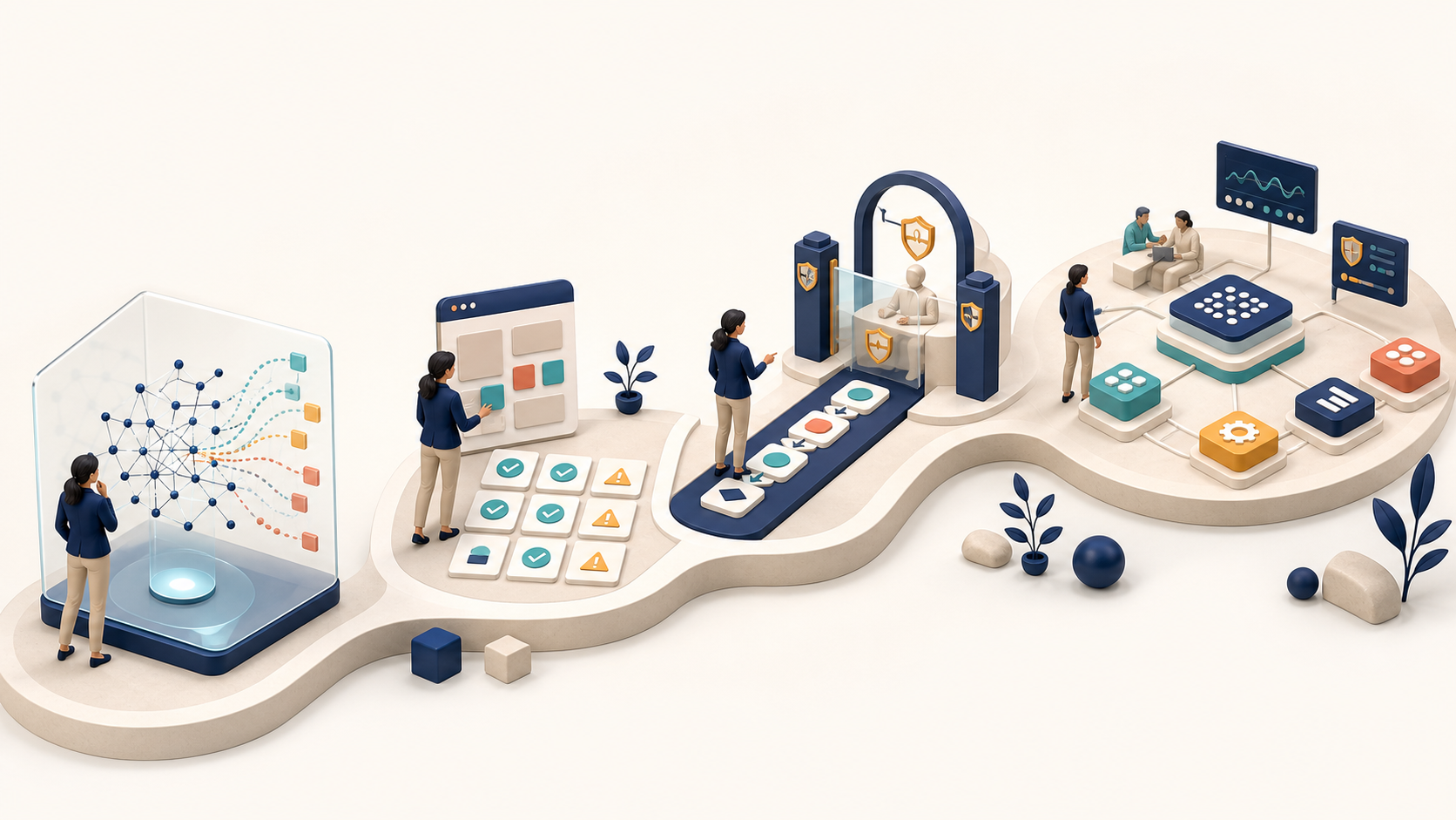 An editorial illustration shows a product manager moving through four connected work zones, from studying an abstract AI model to prototyping, supervising a bounded workflow, and coordinating a reusable product system.