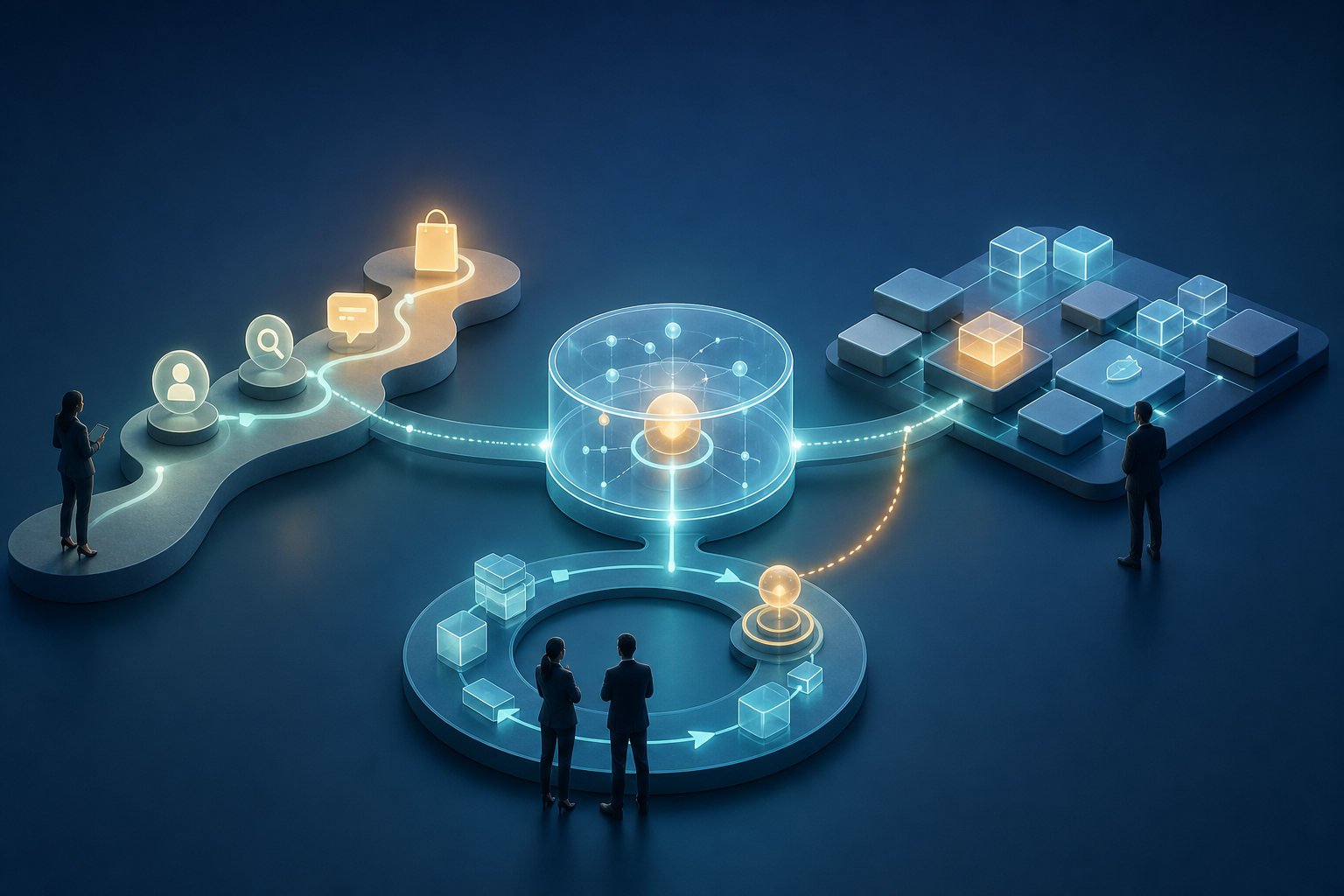 An abstract decision hub connects customer journey touchpoints, organized data modules, and a circular growth feedback loop while small figures observe the system.