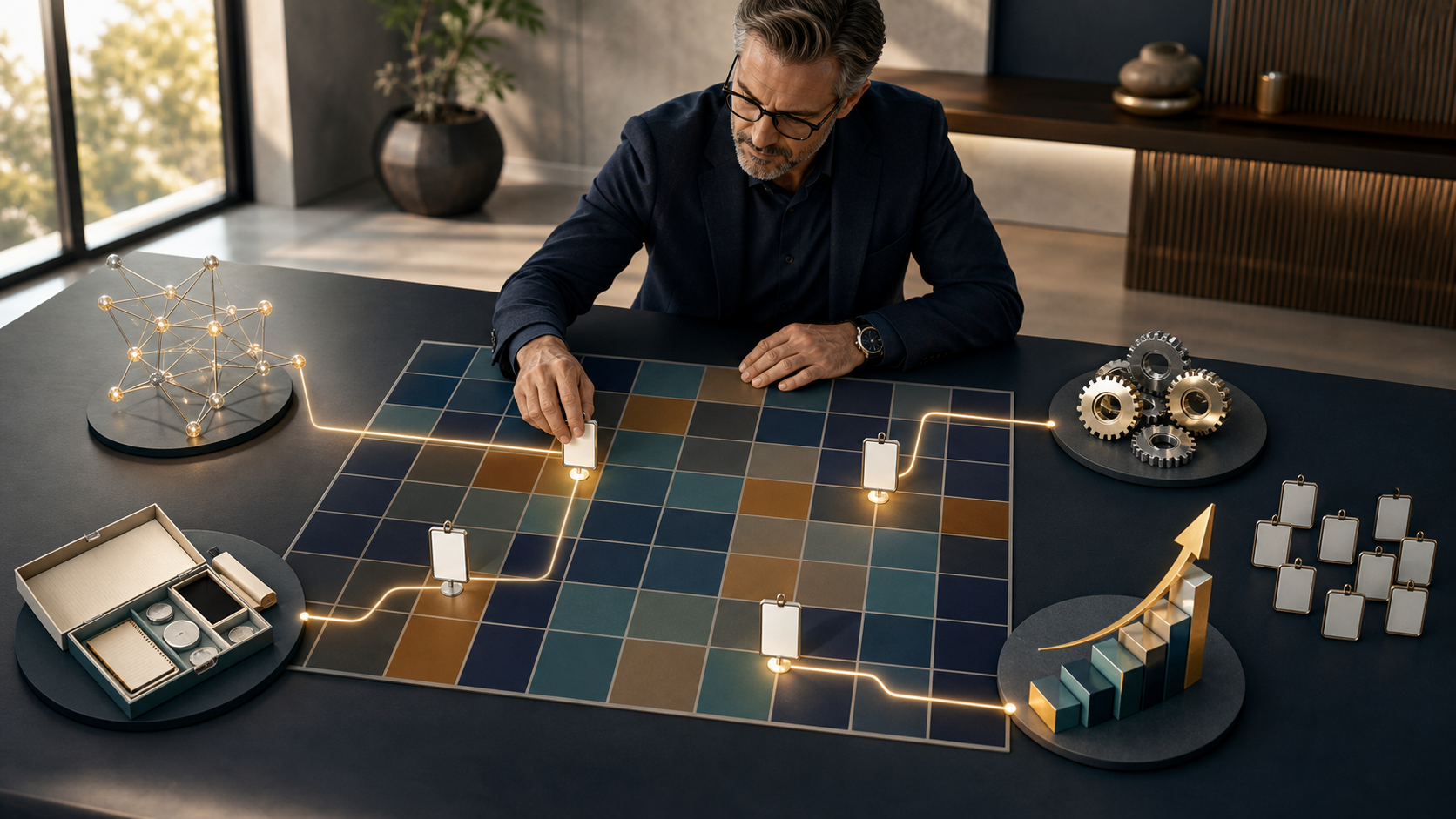 A product leader selects conference markers on an unlabeled annual planning grid connected to symbols of AI, customer research, operations, and growth.