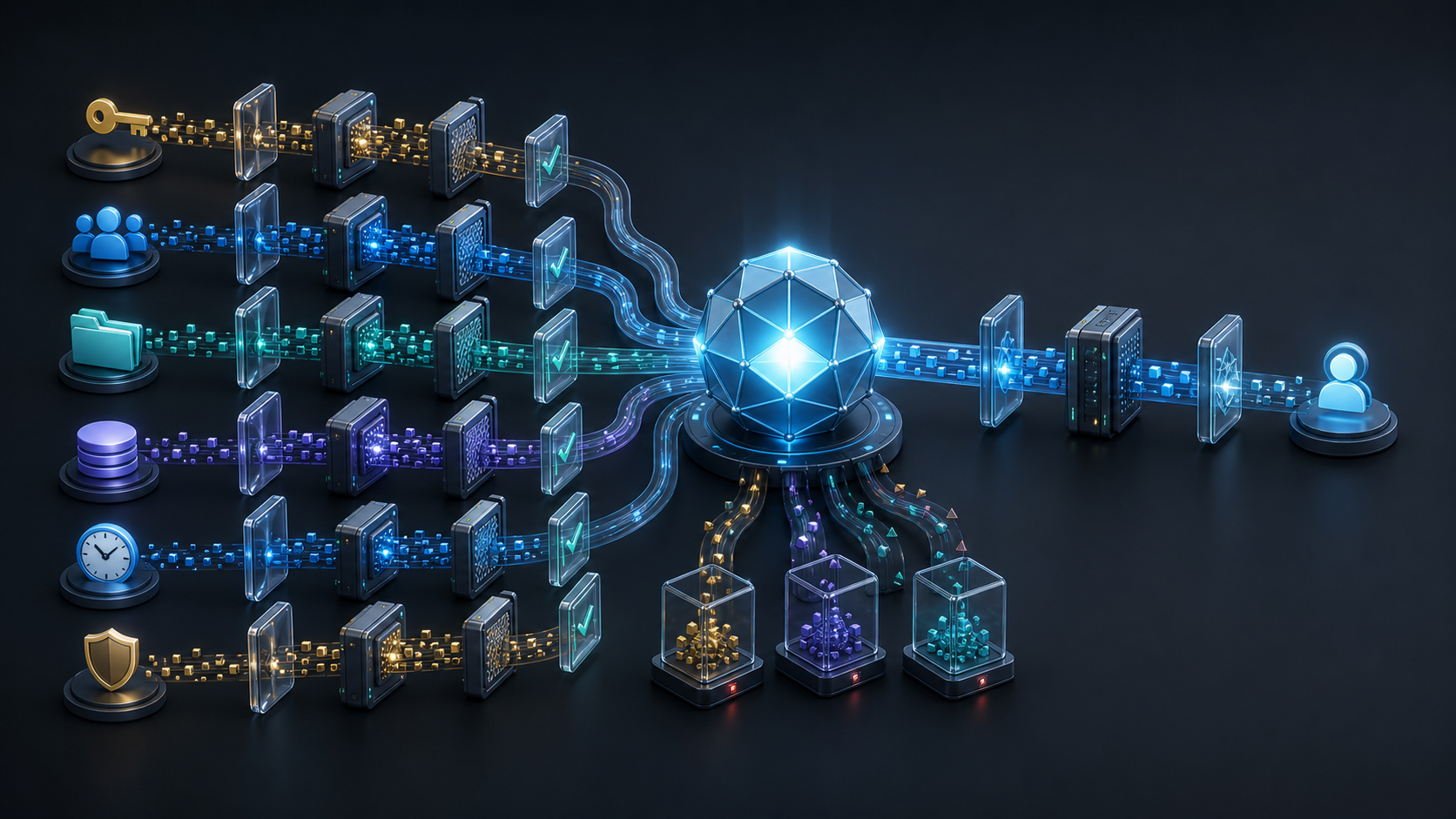 Editorial illustration of user, account, permission, data, time, and policy signals passing through controlled gates into a central AI processing core.