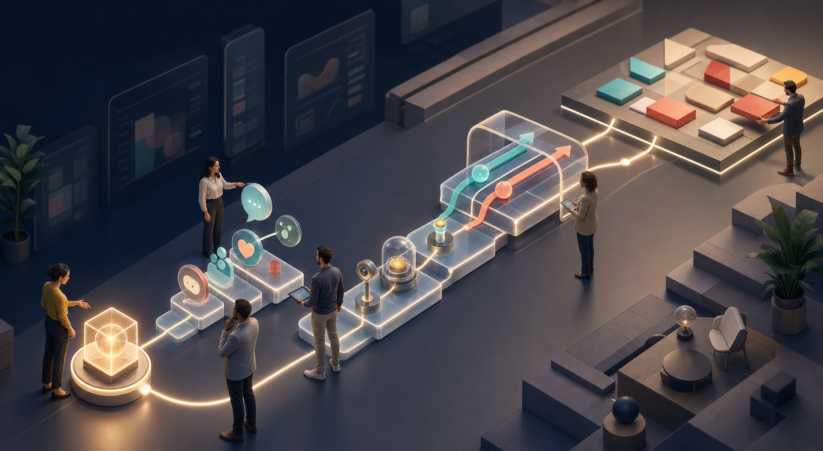 An isometric editorial scene shows a team following a connected pathway from a glowing decision point through customer signals, measurement sensors, an experiment, and modular roadmap tiles.